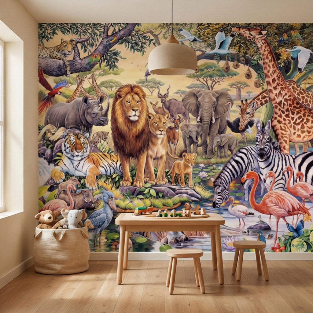 Safari Animals Peel and Stick Wall Mural, Jungle Nursery Wallpaper, Kids Room Animal Wall Decor, Lion Giraffe Elephant Design