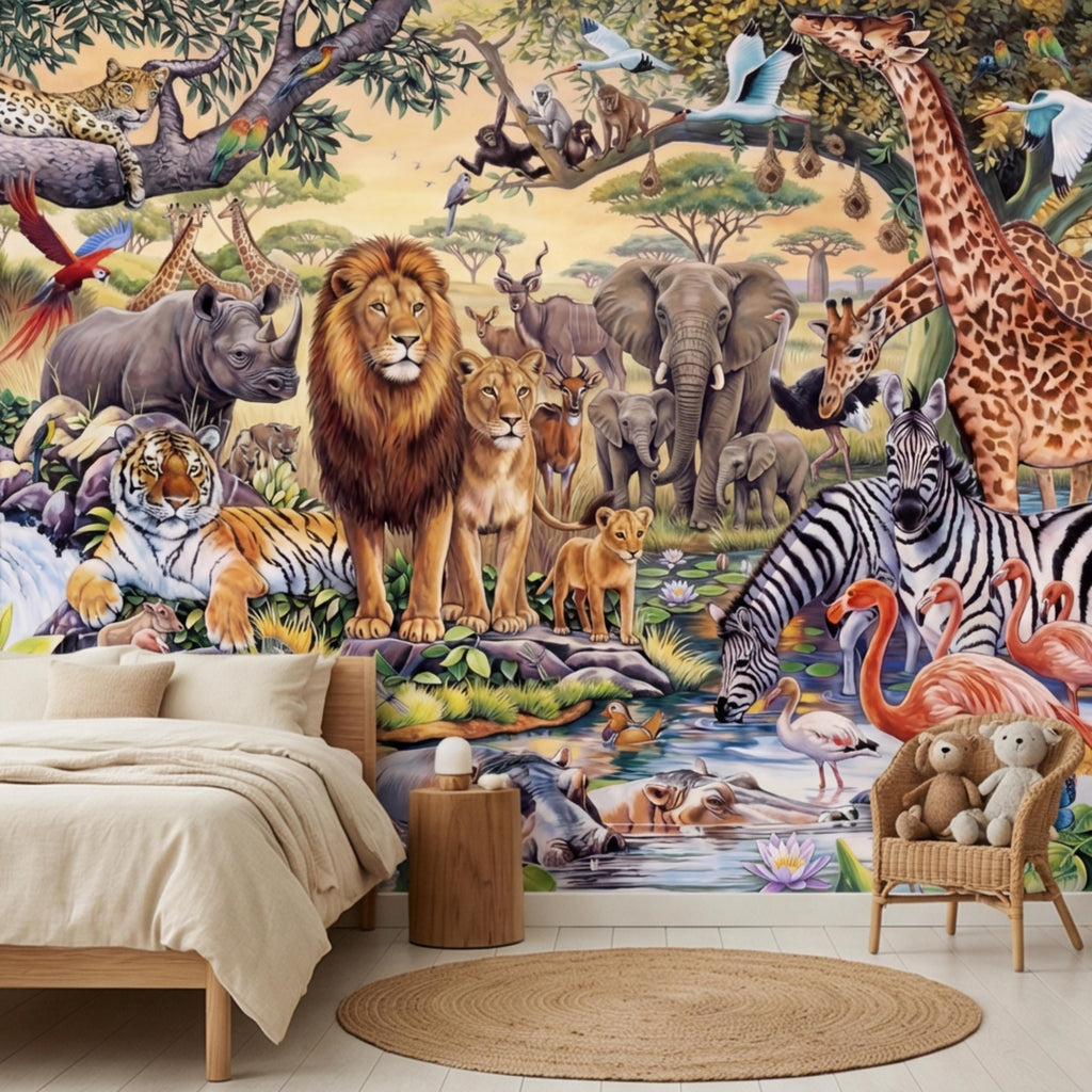 Safari Animals Peel and Stick Wall Mural, Jungle Nursery Wallpaper, Kids Room Animal Wall Decor, Lion Giraffe Elephant Design