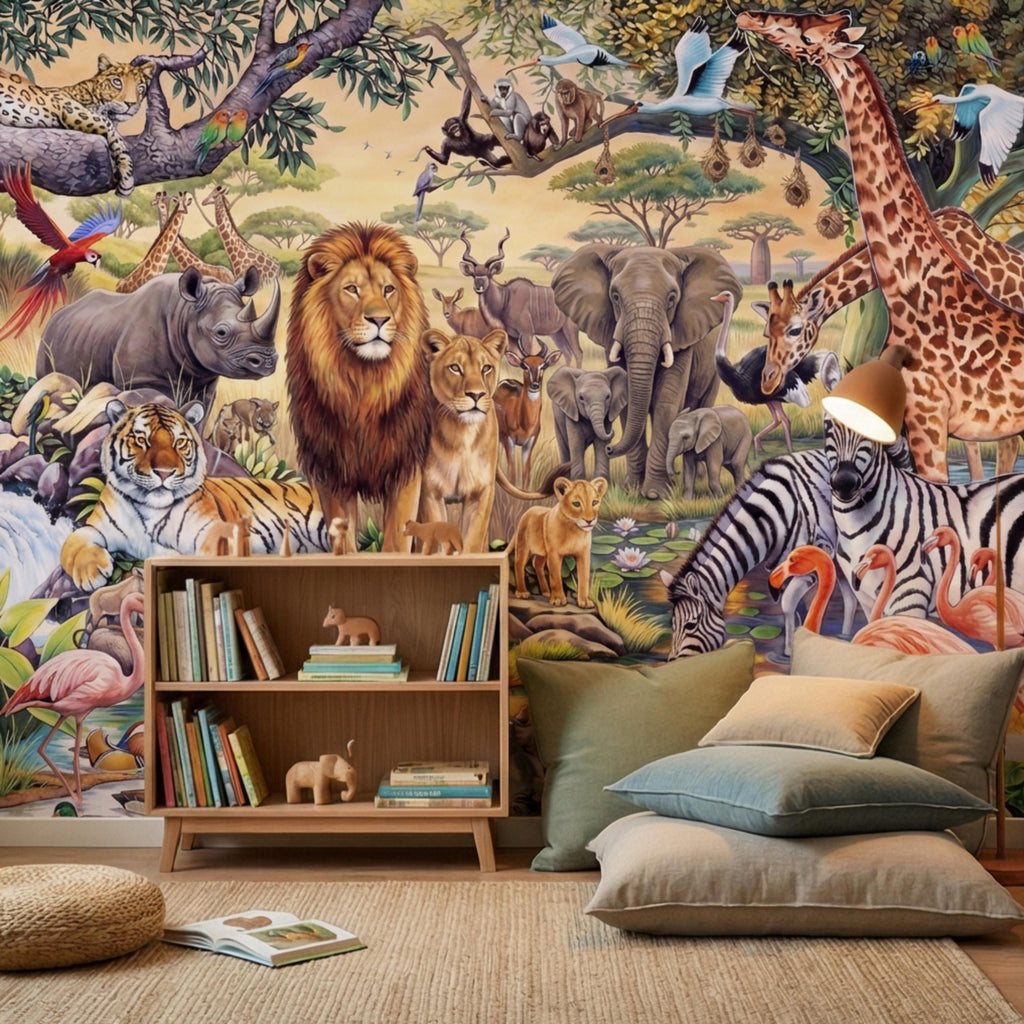 Safari Animals Peel and Stick Wall Mural, Jungle Nursery Wallpaper, Kids Room Animal Wall Decor, Lion Giraffe Elephant Design