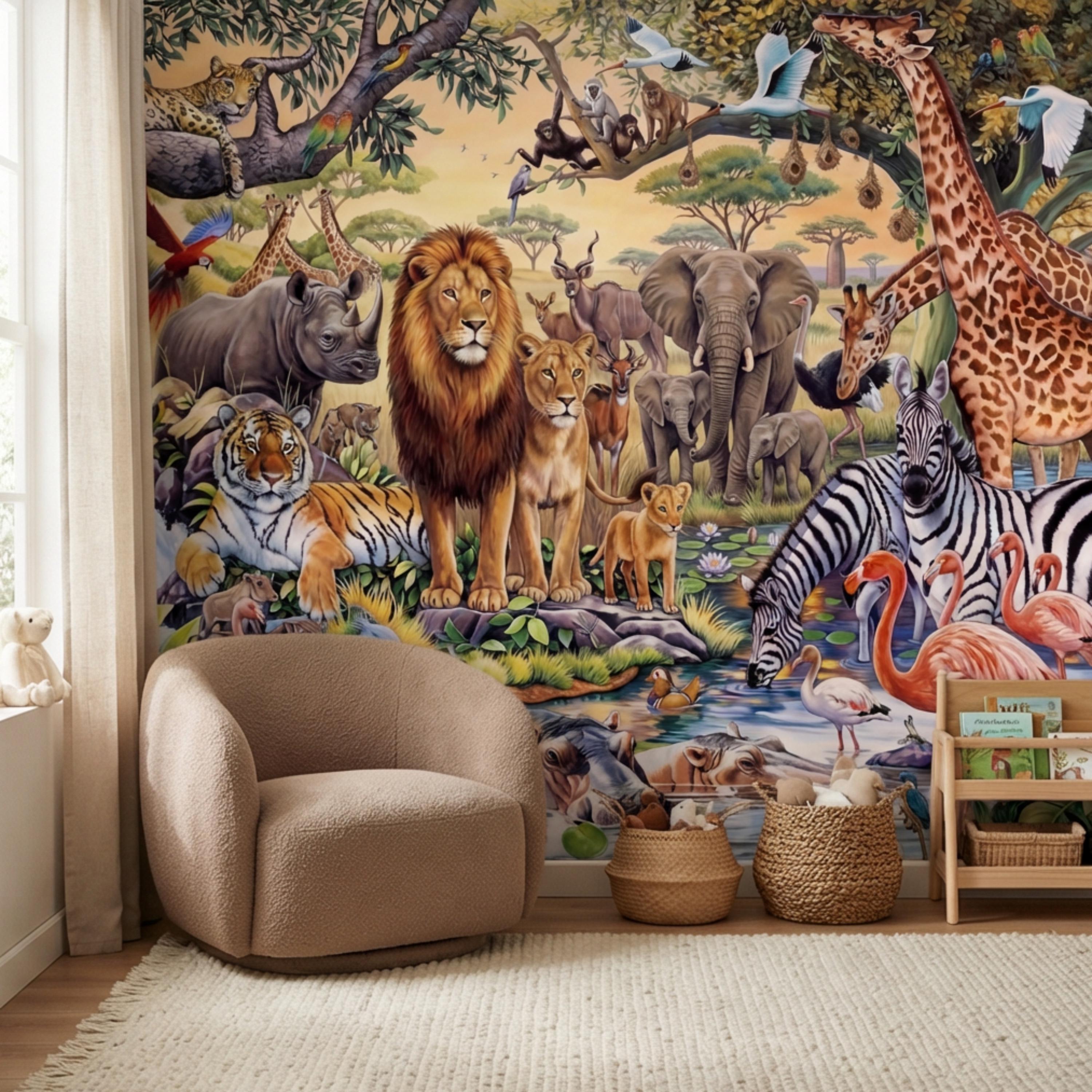 Safari Animals Peel and Stick Wall Mural, Jungle Nursery Wallpaper, Kids Room Animal Wall Decor, Lion Giraffe Elephant Design