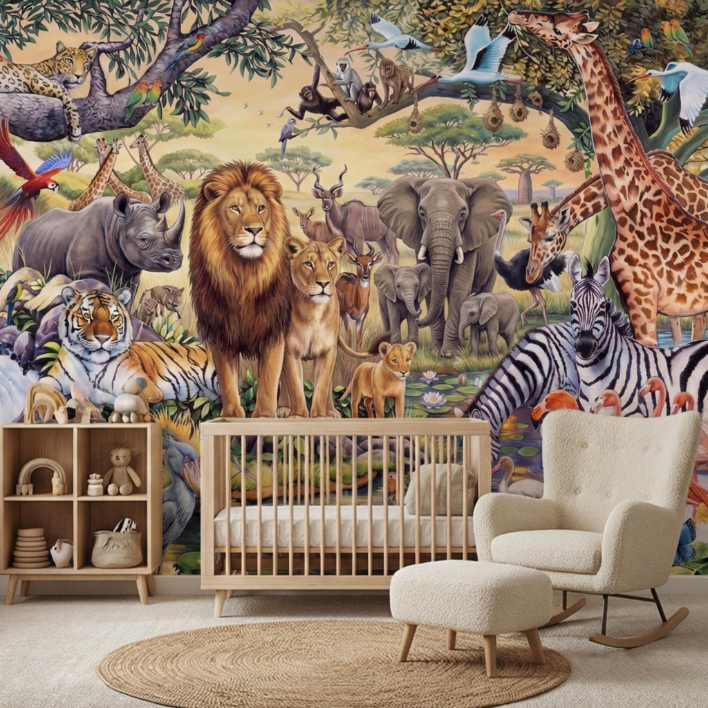 Safari Animals Peel and Stick Wall Mural, Jungle Nursery Wallpaper, Kids Room Animal Wall Decor, Lion Giraffe Elephant Design