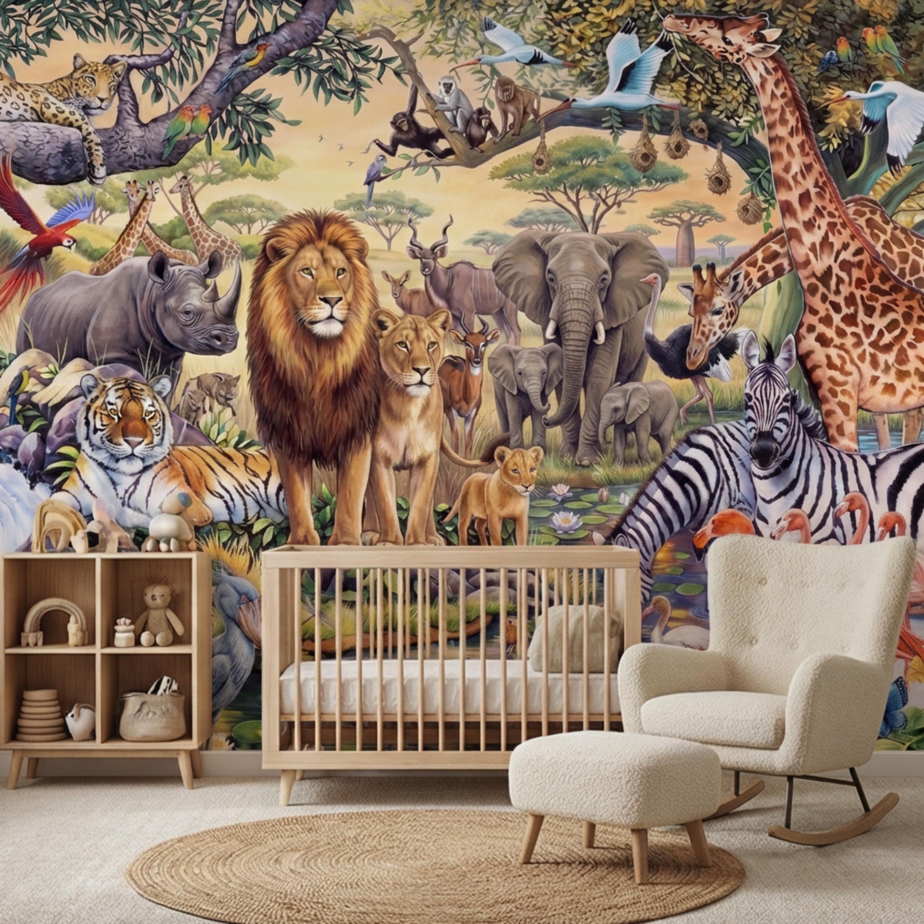 Safari Animals Peel and Stick Wall Mural, Jungle Nursery Wallpaper, Kids Room Animal Wall Decor, Lion Giraffe Elephant Design