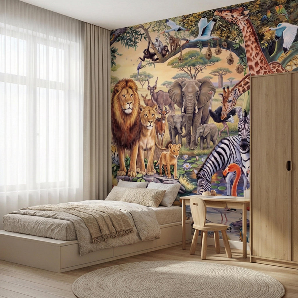 Safari Animals Peel and Stick Wall Mural, Jungle Nursery Wallpaper, Kids Room Animal Wall Decor, Lion Giraffe Elephant Design