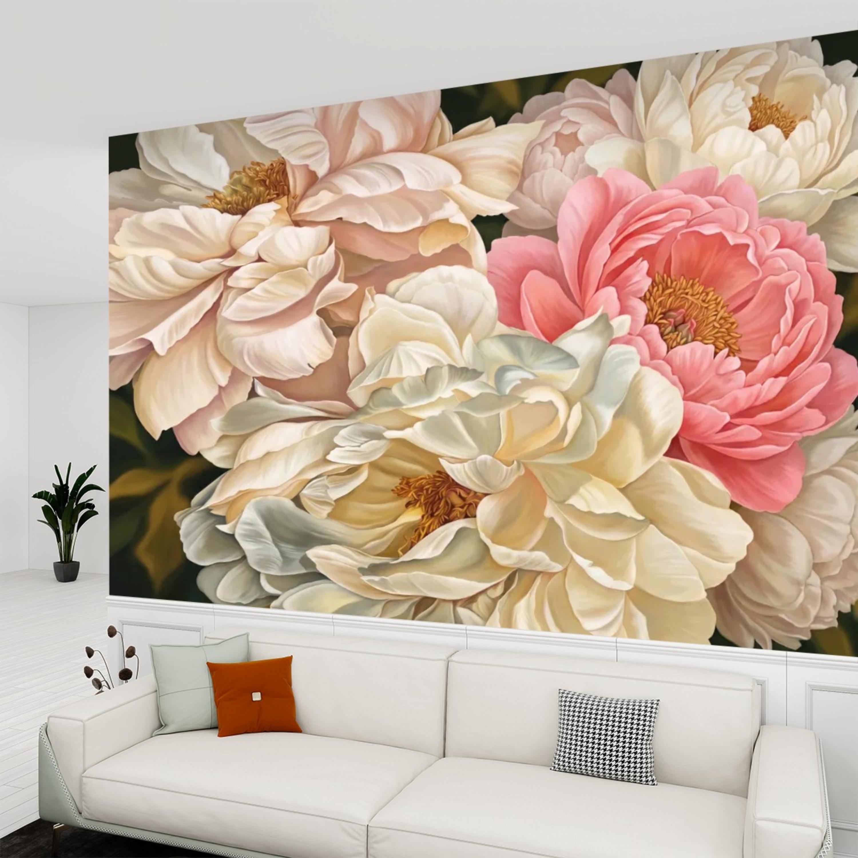 Blush Pink and Cream Peony Peel and Stick Wall Mural, Romantic Floral Wallpaper, Large Flower Wall Decor