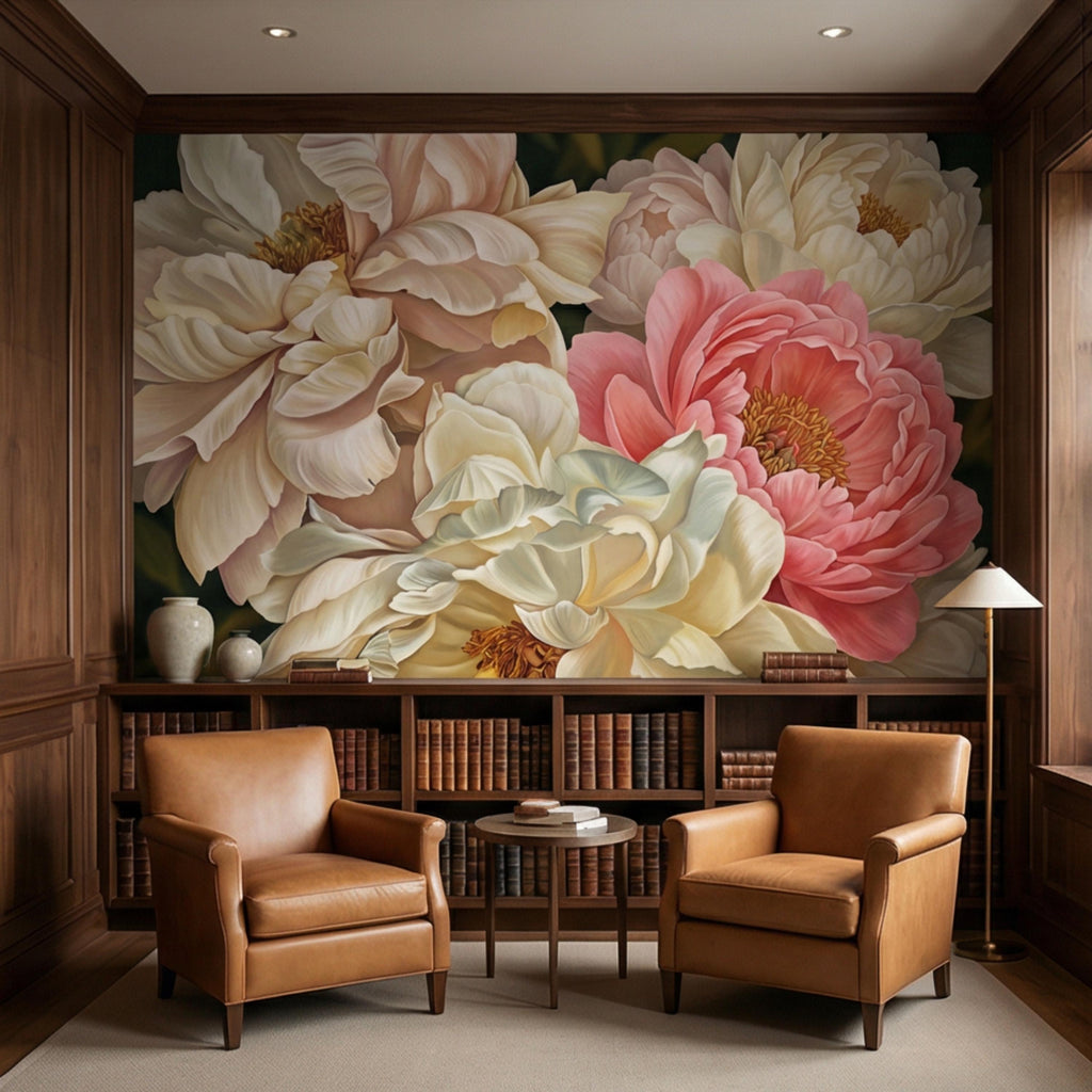 Blush Pink and Cream Peony Peel and Stick Wall Mural, Romantic Floral Wallpaper, Large Flower Wall Decor