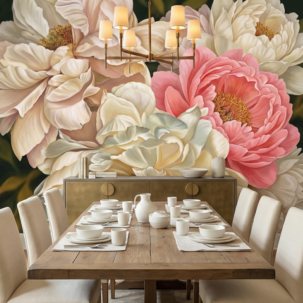 Blush Pink and Cream Peony Peel and Stick Wall Mural, Romantic Floral Wallpaper, Large Flower Wall Decor