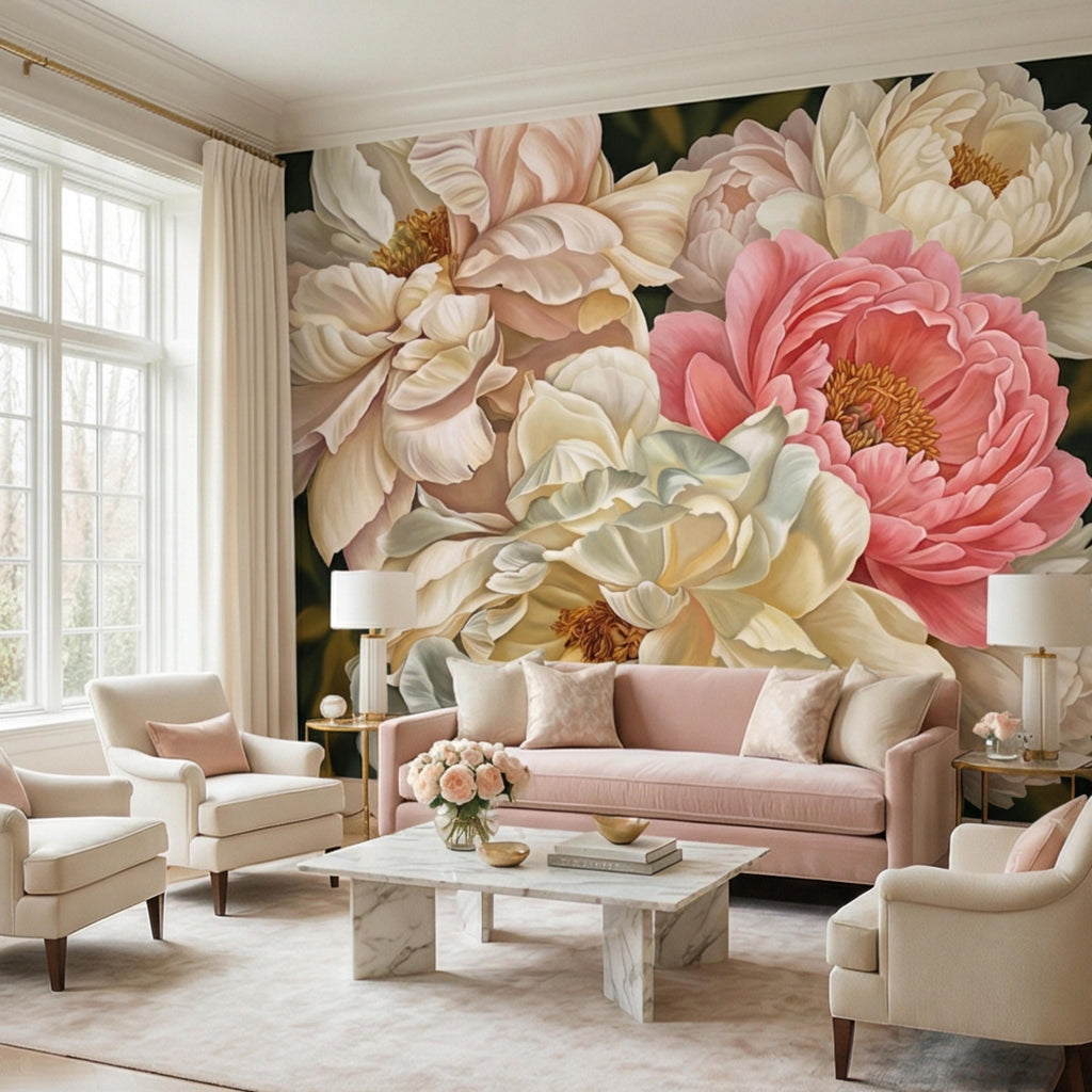 Blush Pink and Cream Peony Peel and Stick Wall Mural, Romantic Floral Wallpaper, Large Flower Wall Decor