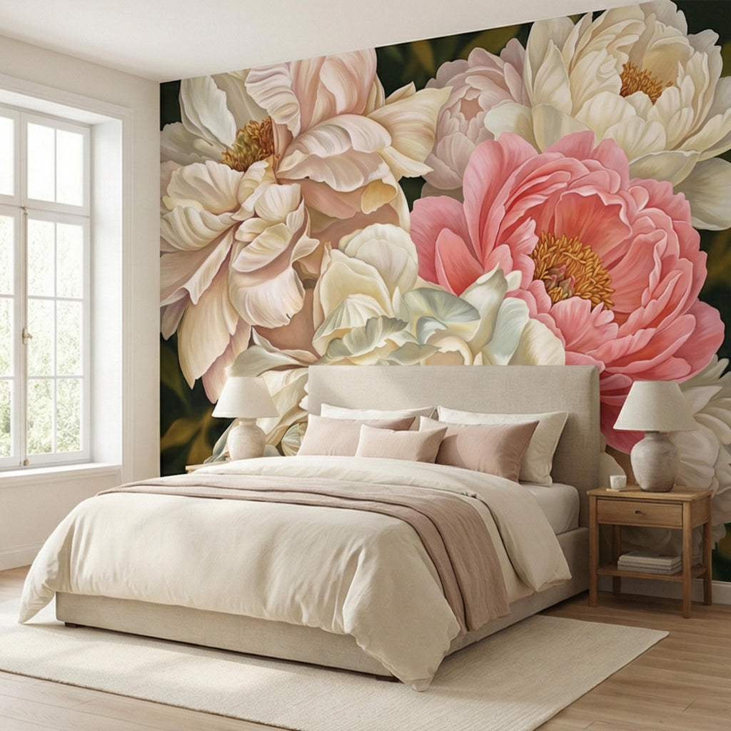 Blush Pink and Cream Peony Peel and Stick Wall Mural, Romantic Floral Wallpaper, Large Flower Wall Decor