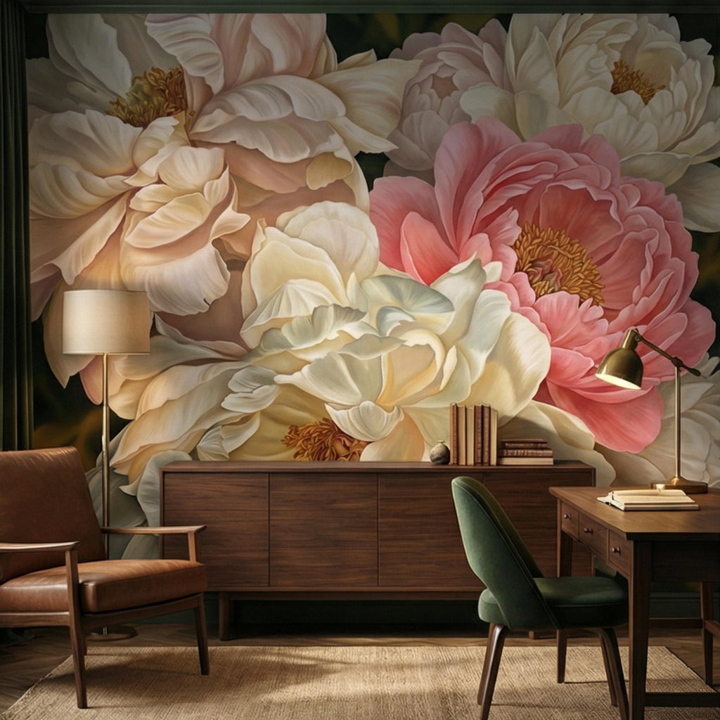 Blush Pink and Cream Peony Peel and Stick Wall Mural, Romantic Floral Wallpaper, Large Flower Wall Decor