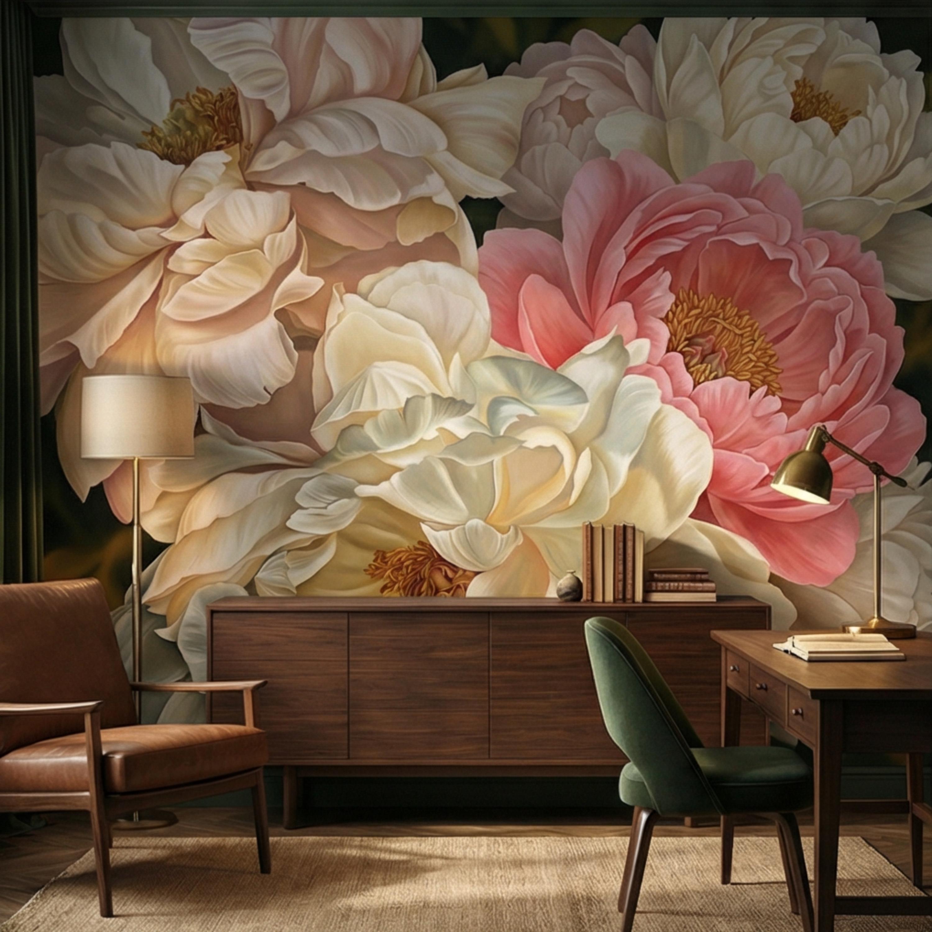 Blush Pink and Cream Peony Peel and Stick Wall Mural, Romantic Floral Wallpaper, Large Flower Wall Decor