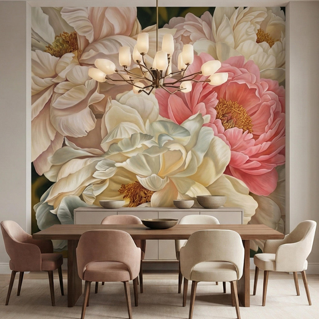 Blush Pink and Cream Peony Peel and Stick Wall Mural, Romantic Floral Wallpaper, Large Flower Wall Decor