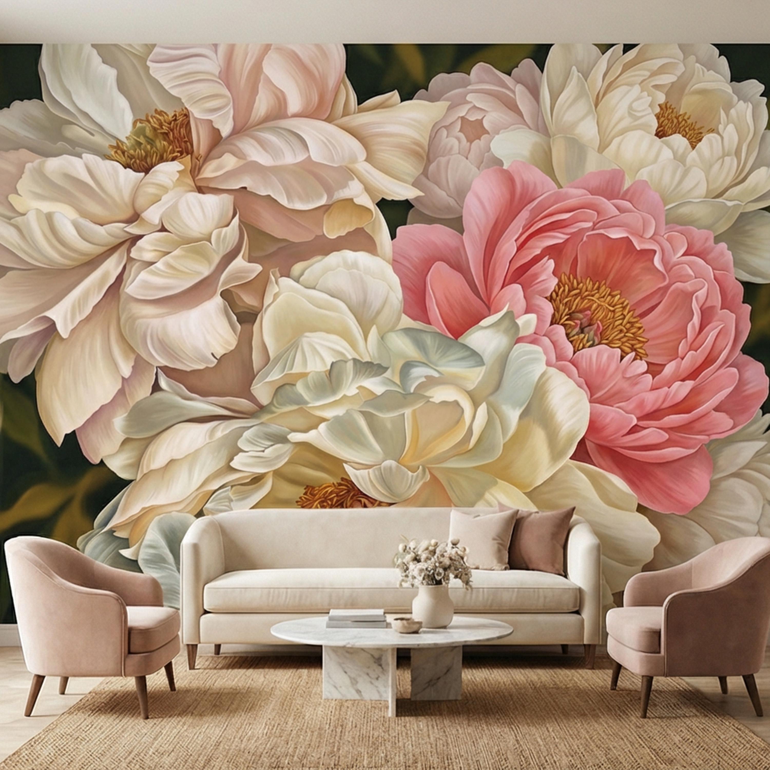 Blush Pink and Cream Peony Peel and Stick Wall Mural, Romantic Floral Wallpaper, Large Flower Wall Decor