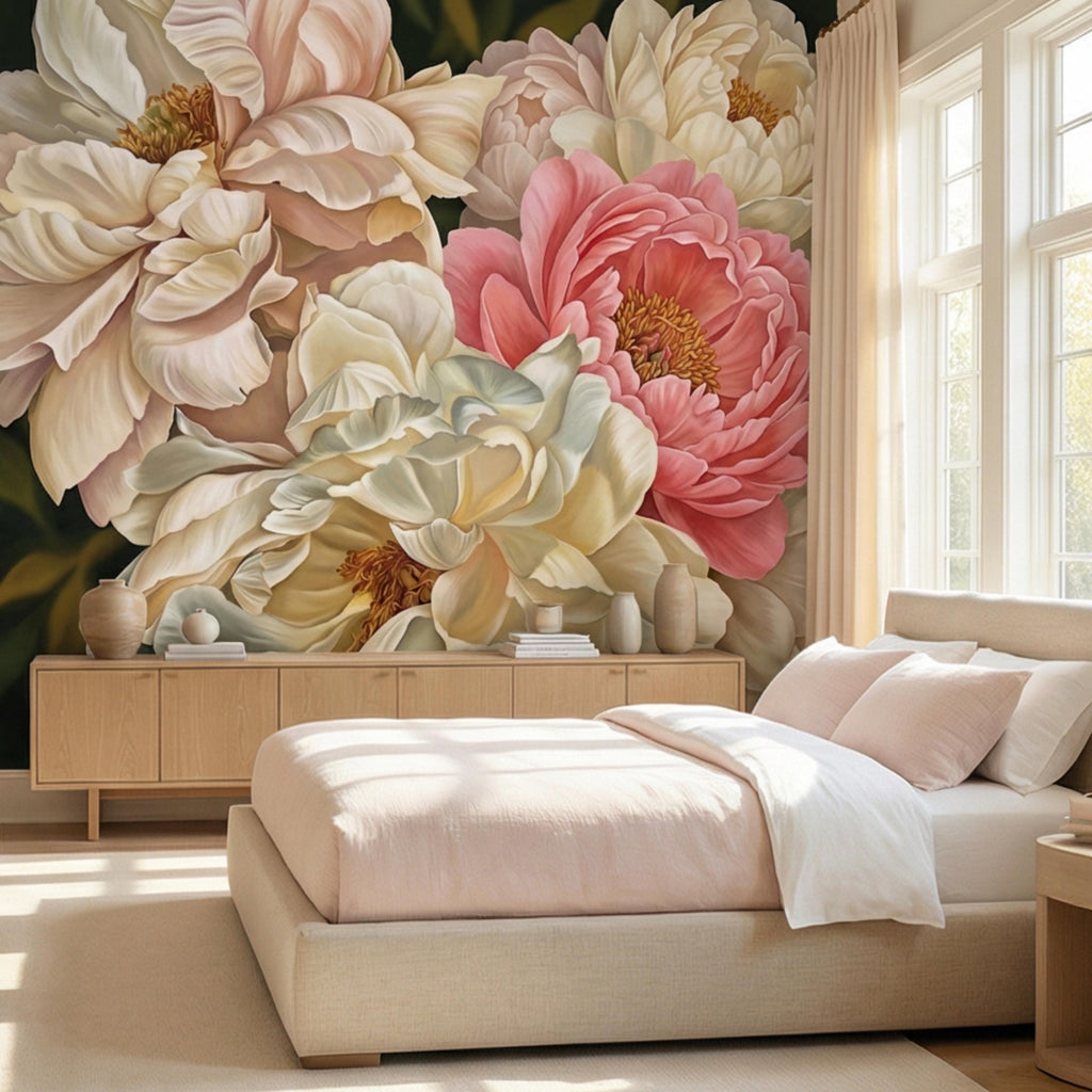 Blush Pink and Cream Peony Peel and Stick Wall Mural, Romantic Floral Wallpaper, Large Flower Wall Decor