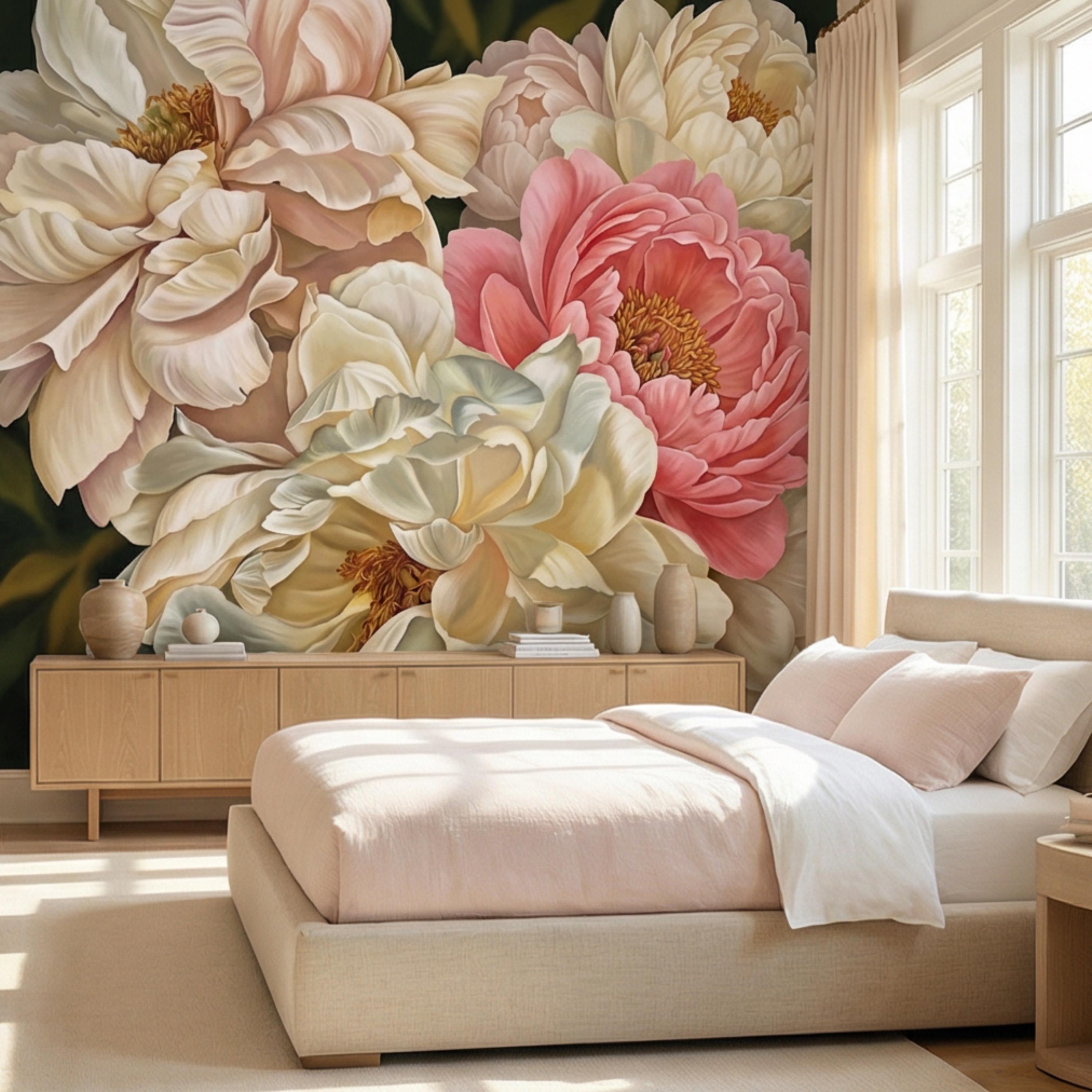 Blush Pink and Cream Peony Peel and Stick Wall Mural, Romantic Floral Wallpaper, Large Flower Wall Decor