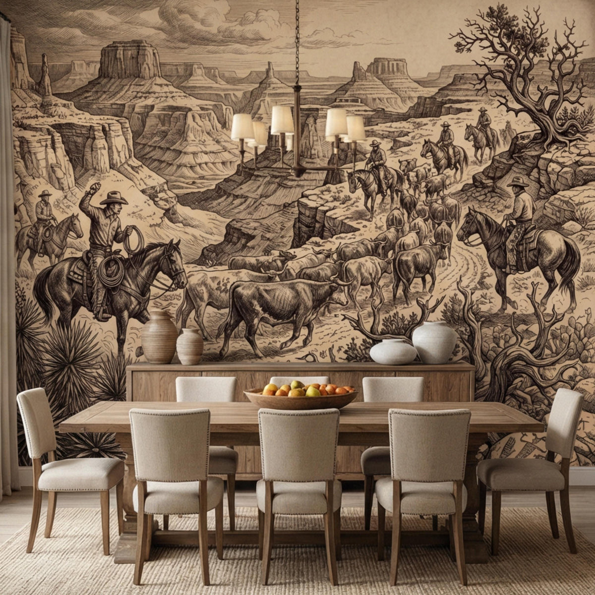 Western Cowboy Peel and Stick Wall Mural, Vintage Cattle Drive Wallpaper, Rustic Ranch Canyon Landscape, Sepia Engraving Wall Decor - The Fine Art Murals