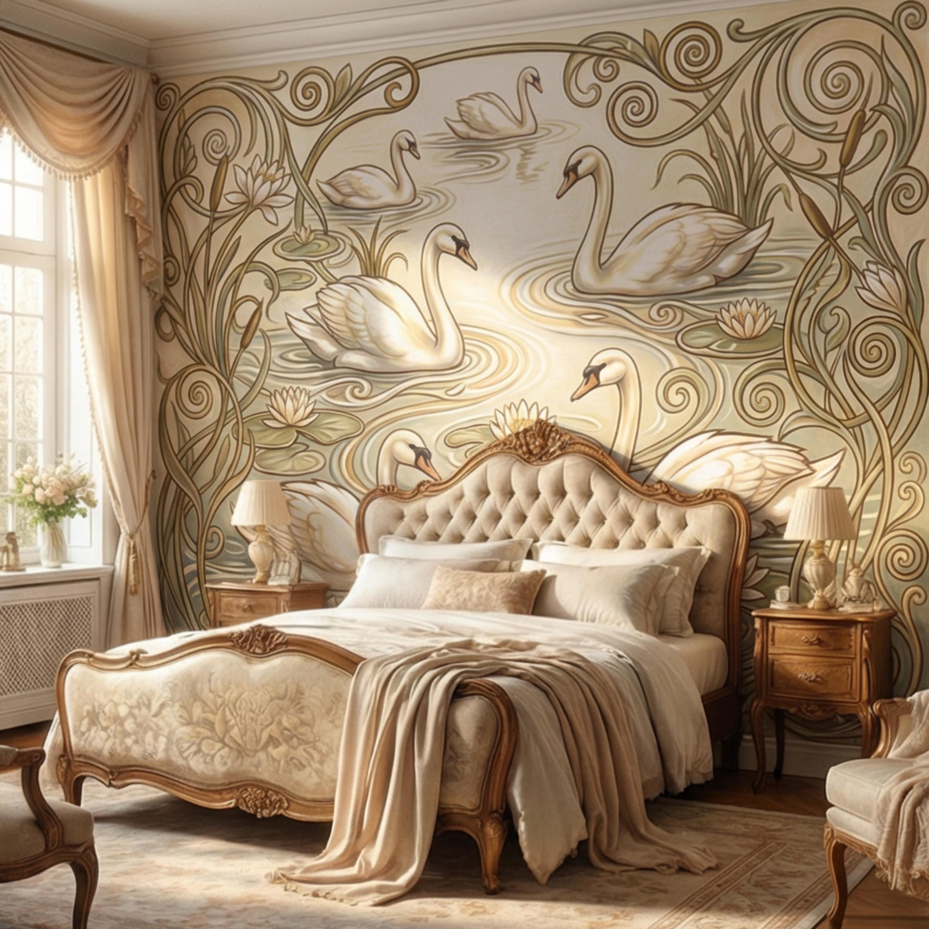 Art Nouveau Swans & Water Lilies Peel and Stick Wall Mural, Vintage Botanical Pond Scene, Neutral Sage Beige Wallpaper