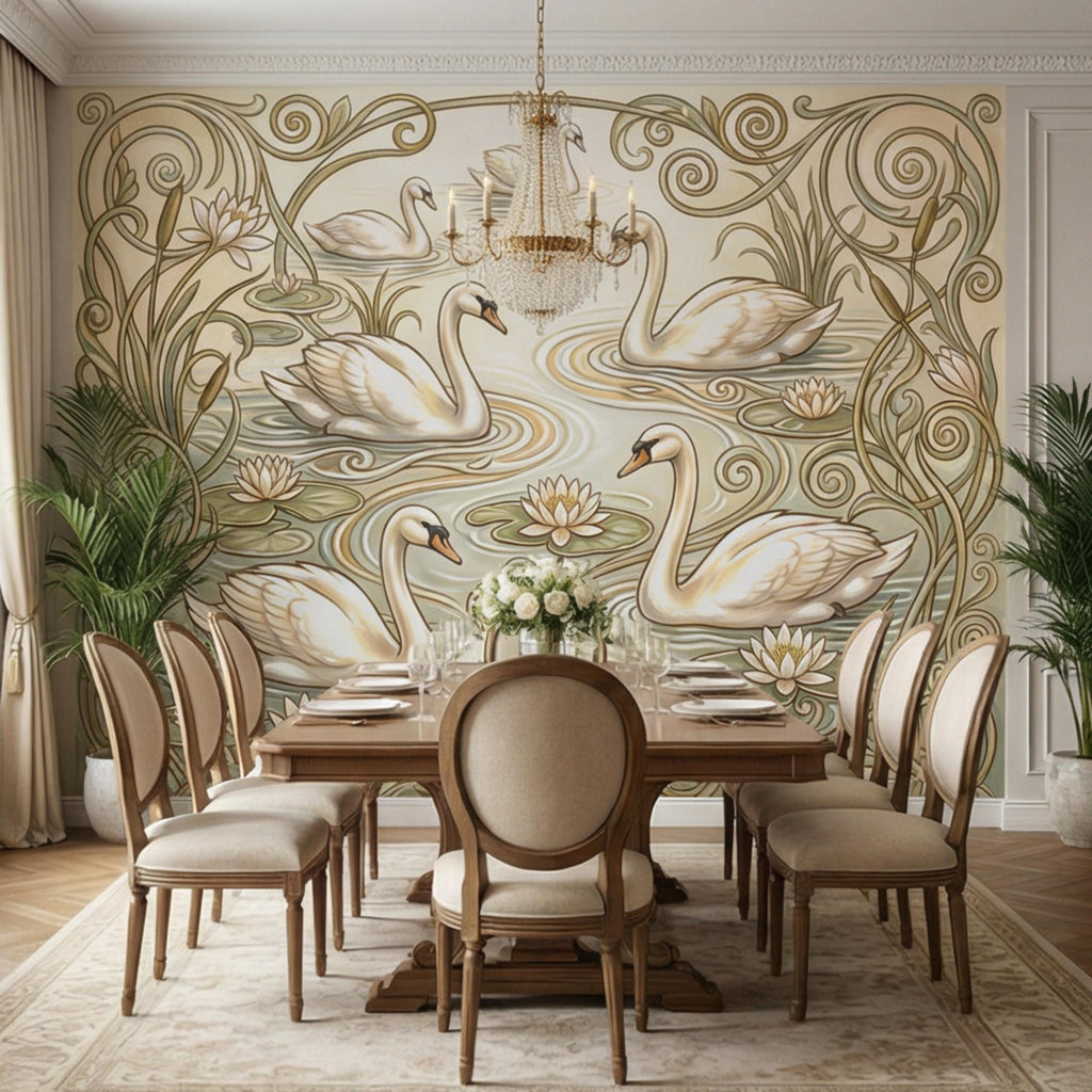 Art Nouveau Swans & Water Lilies Peel and Stick Wall Mural, Vintage Botanical Pond Scene, Neutral Sage Beige Wallpaper