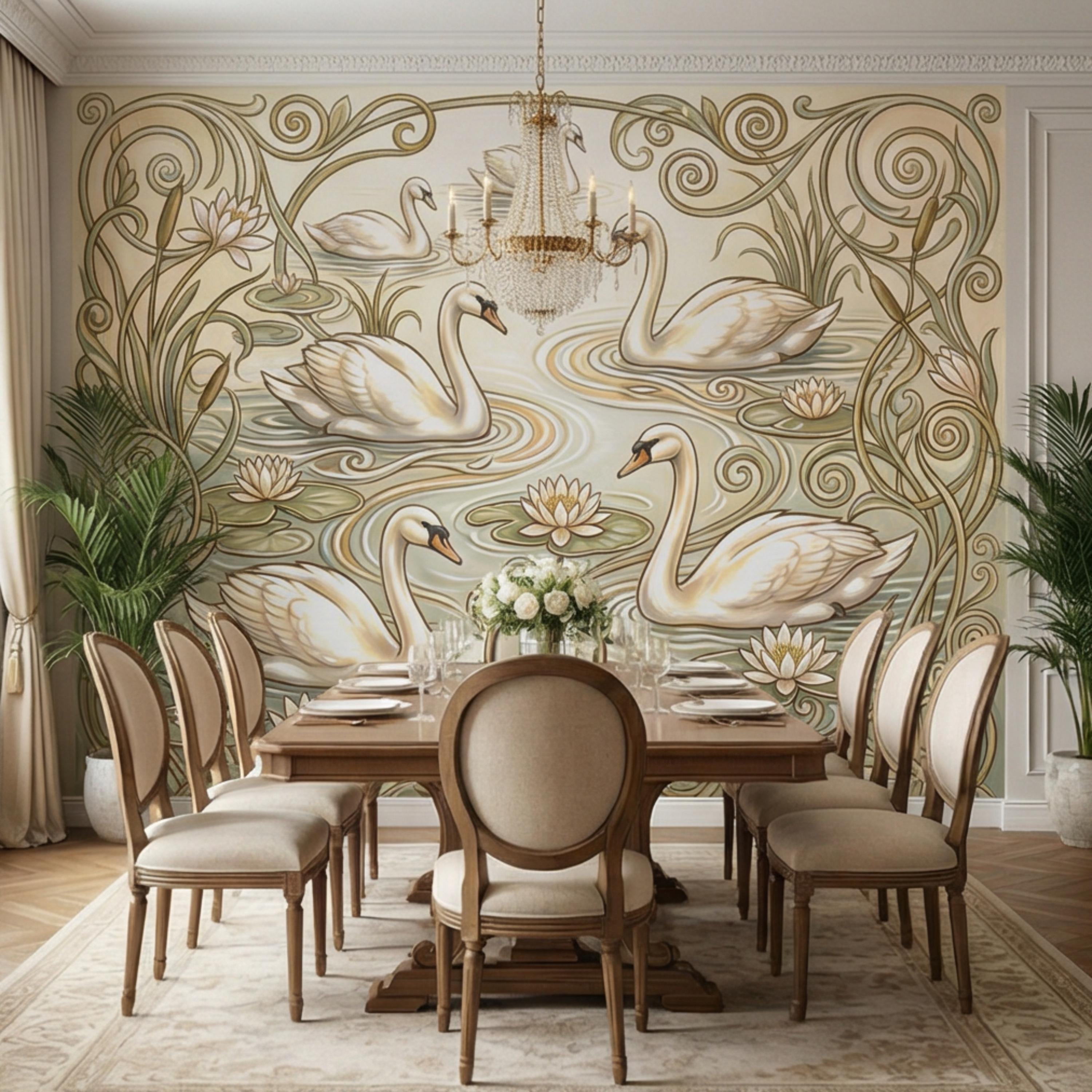 Art Nouveau Swans & Water Lilies Peel and Stick Wall Mural, Vintage Botanical Pond Scene, Neutral Sage Beige Wallpaper