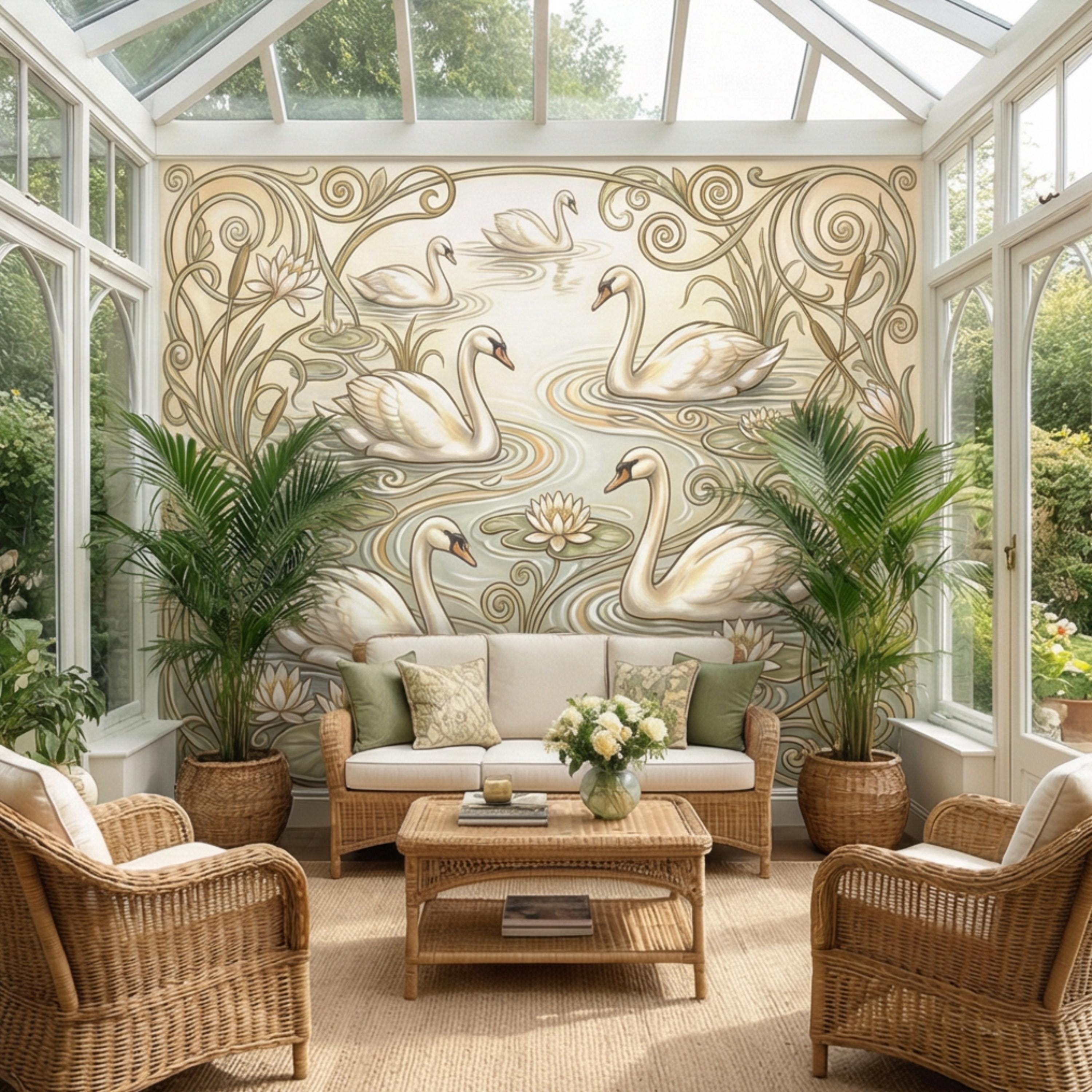 Art Nouveau Swans & Water Lilies Peel and Stick Wall Mural, Vintage Botanical Pond Scene, Neutral Sage Beige Wallpaper