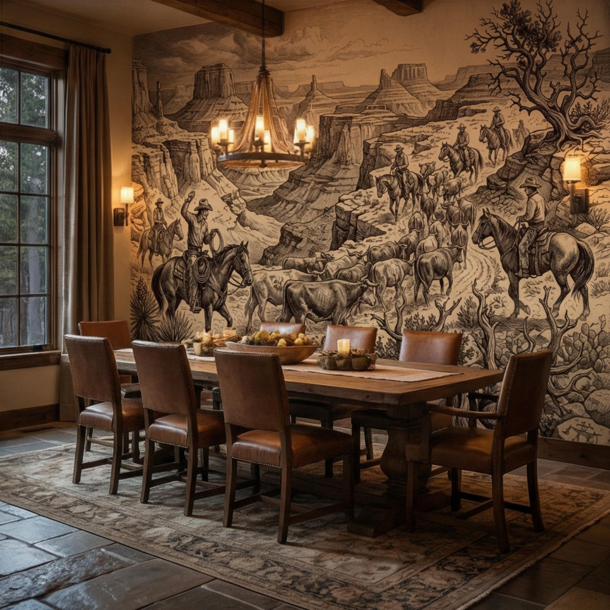 Western Cowboy Peel and Stick Wall Mural, Vintage Cattle Drive Wallpaper, Rustic Ranch Canyon Landscape, Sepia Engraving Wall Decor - The Fine Art Murals