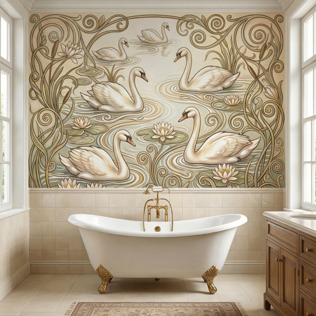Art Nouveau Swans & Water Lilies Peel and Stick Wall Mural, Vintage Botanical Pond Scene, Neutral Sage Beige Wallpaper