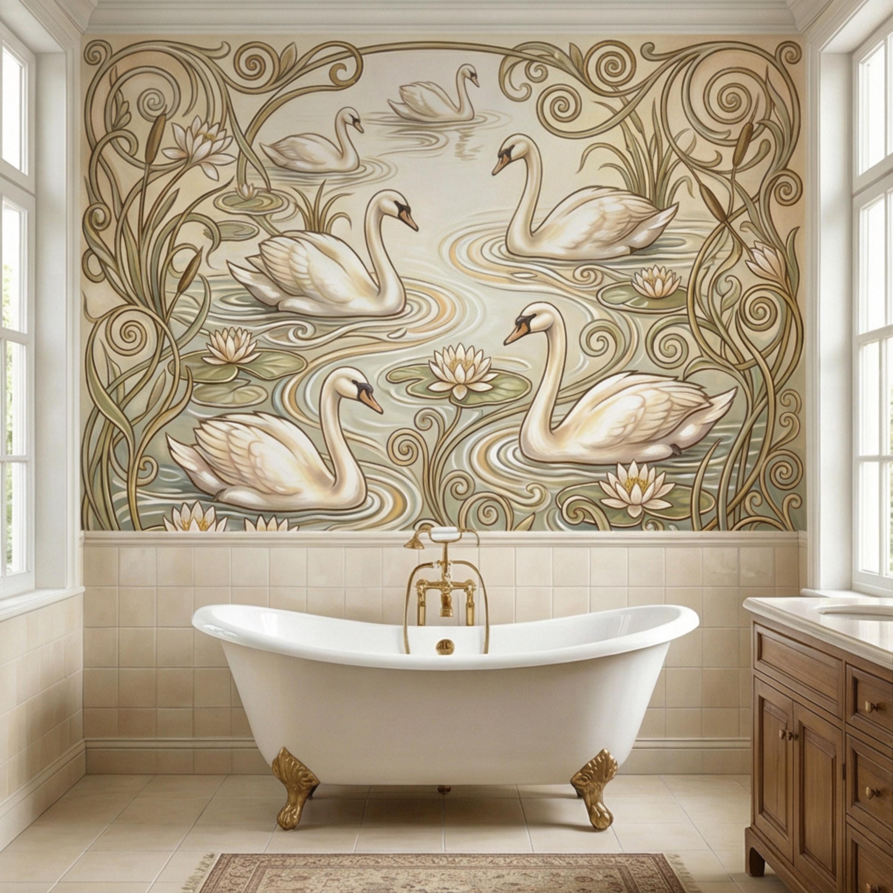 Art Nouveau Swans & Water Lilies Peel and Stick Wall Mural, Vintage Botanical Pond Scene, Neutral Sage Beige Wallpaper
