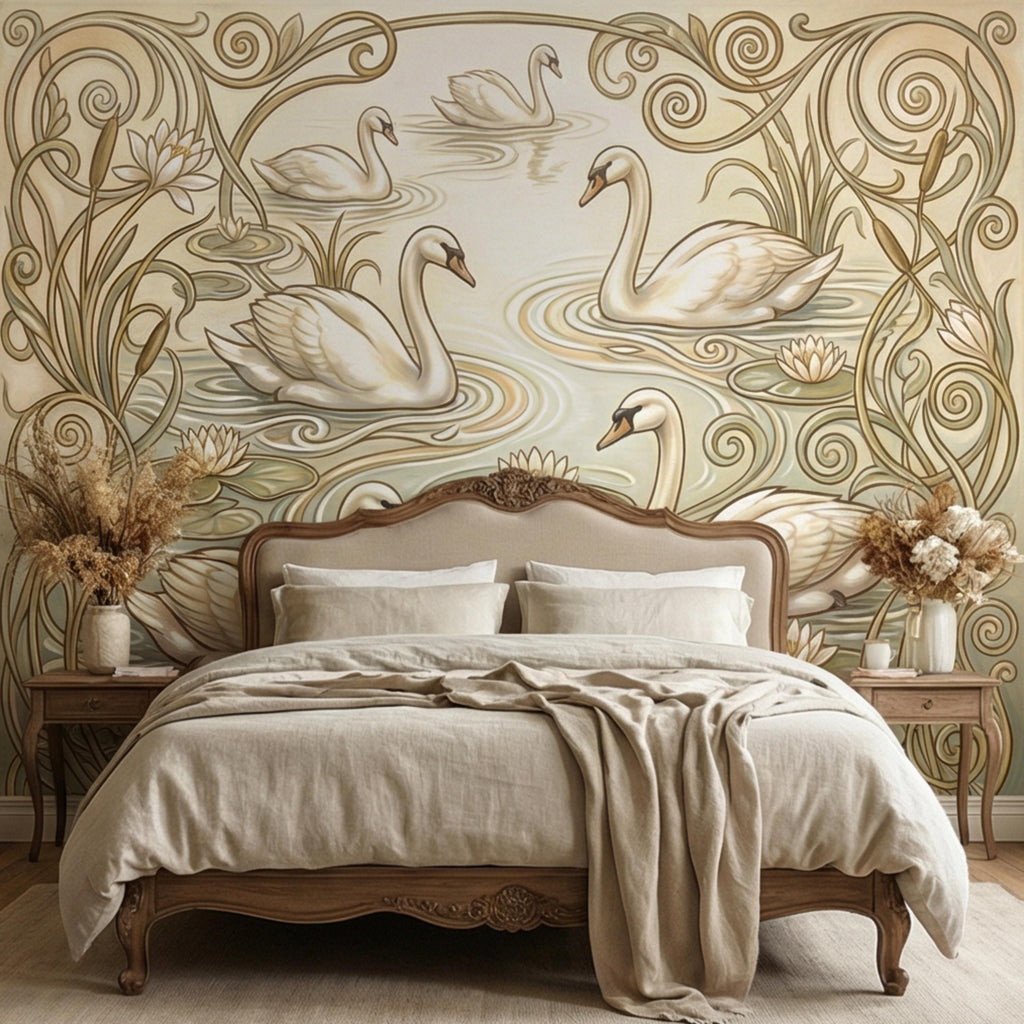 Art Nouveau Swans & Water Lilies Peel and Stick Wall Mural, Vintage Botanical Pond Scene, Neutral Sage Beige Wallpaper
