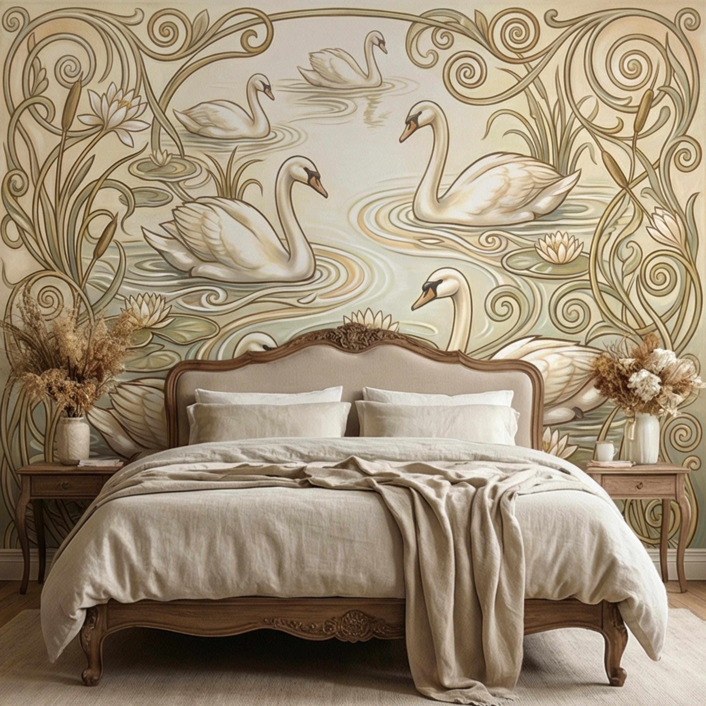 Art Nouveau Swans & Water Lilies Peel and Stick Wall Mural, Vintage Botanical Pond Scene, Neutral Sage Beige Wallpaper