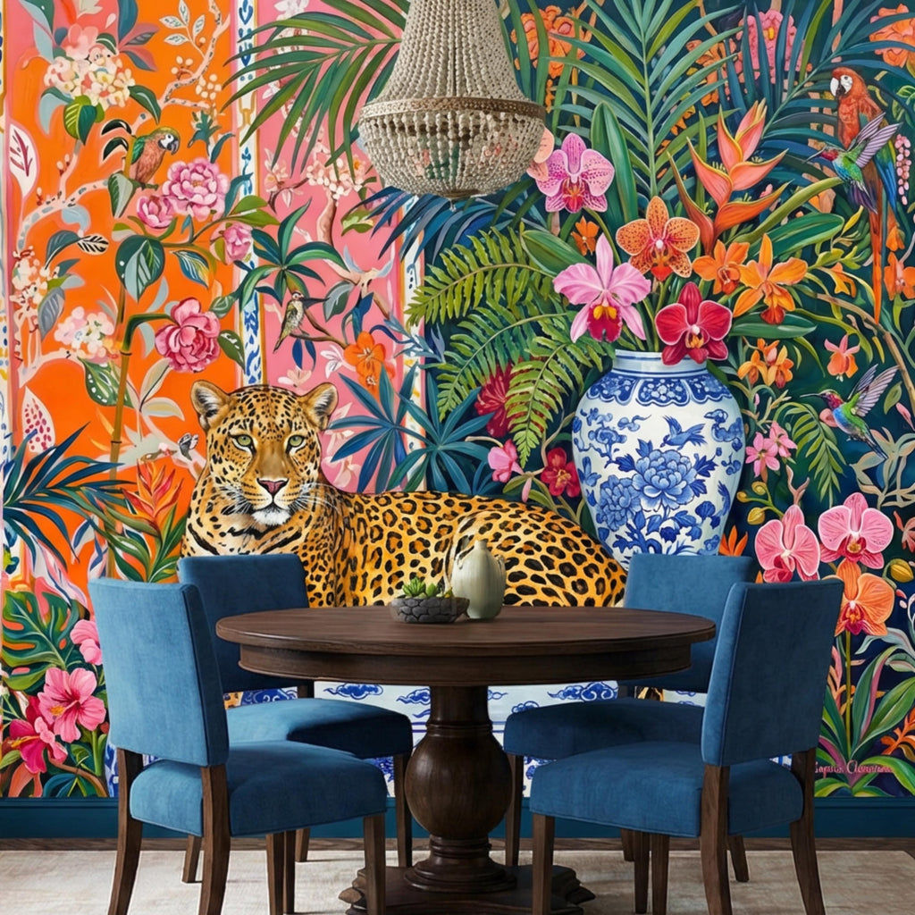 Leopard Chinoiserie Peel and Stick Wall Mural, Tropical Orchids & Palm Leaves Colorful Jungle Wallpaper