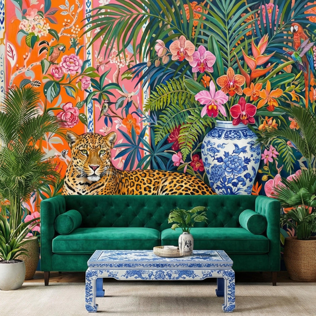 Leopard Chinoiserie Peel and Stick Wall Mural, Tropical Orchids & Palm Leaves Colorful Jungle Wallpaper