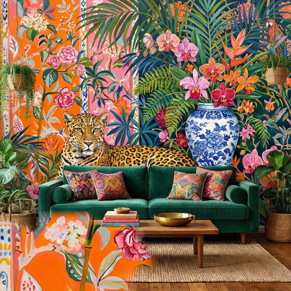 Leopard Chinoiserie Peel and Stick Wall Mural, Tropical Orchids & Palm Leaves Colorful Jungle Wallpaper