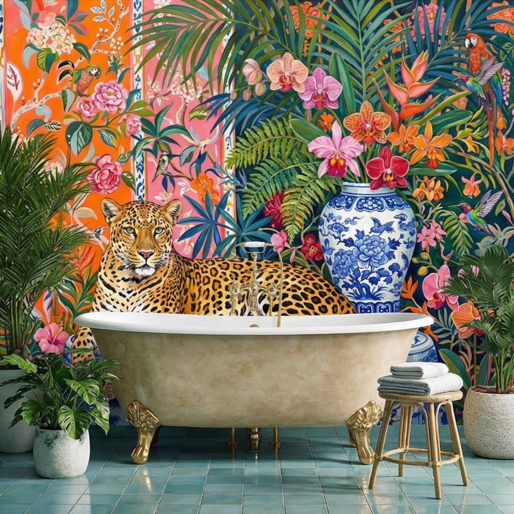 Leopard Chinoiserie Peel and Stick Wall Mural, Tropical Orchids & Palm Leaves Colorful Jungle Wallpaper