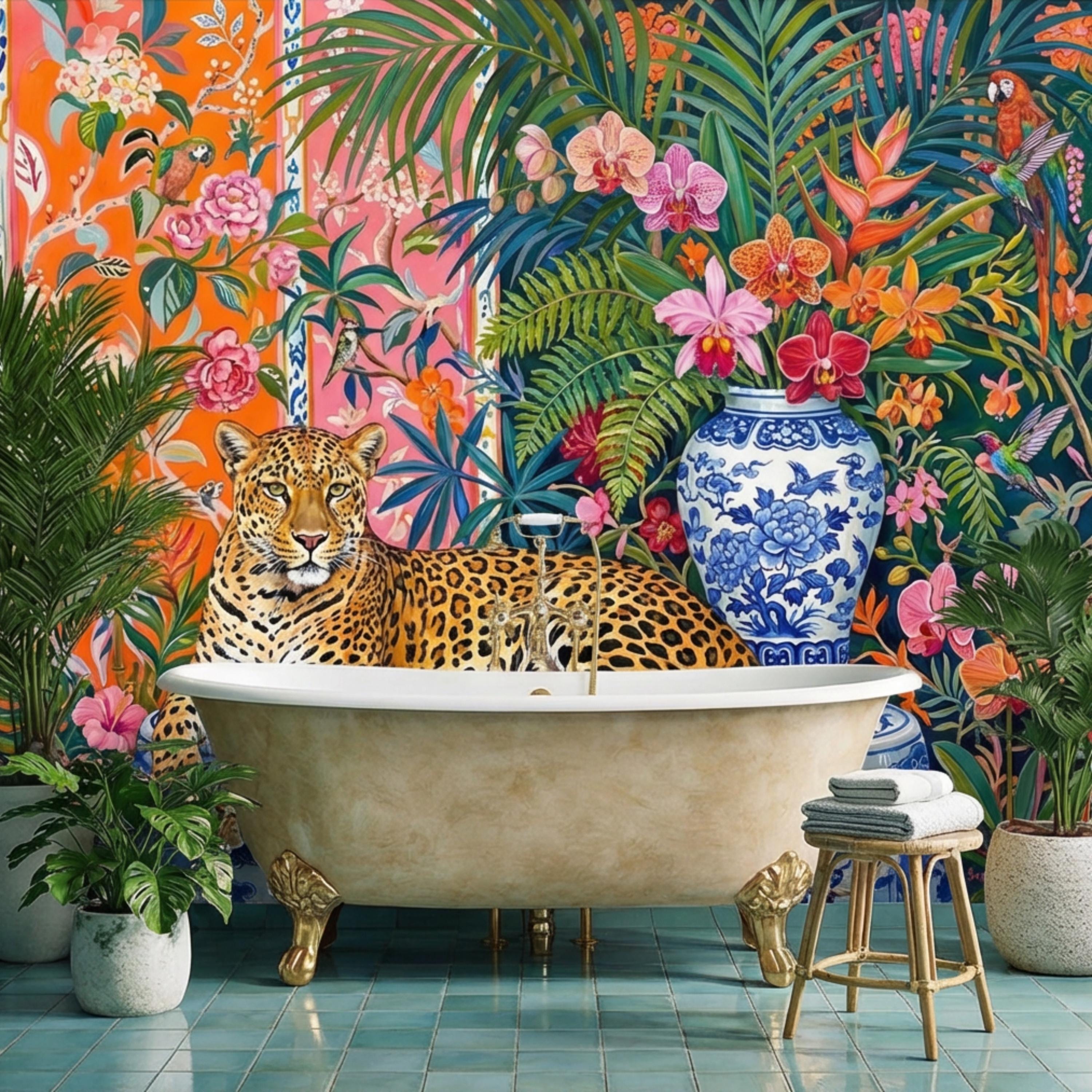 Leopard Chinoiserie Peel and Stick Wall Mural, Tropical Orchids & Palm Leaves Colorful Jungle Wallpaper