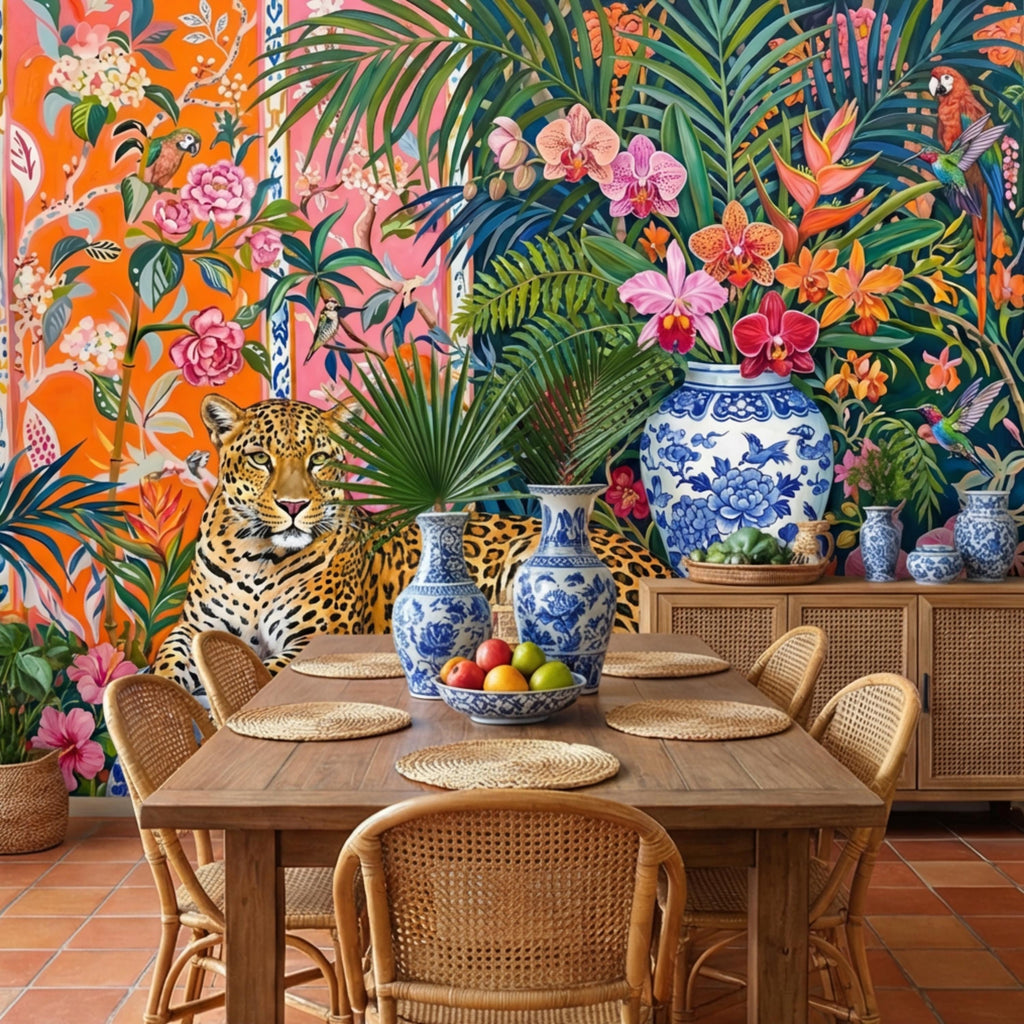 Leopard Chinoiserie Peel and Stick Wall Mural, Tropical Orchids & Palm Leaves Colorful Jungle Wallpaper