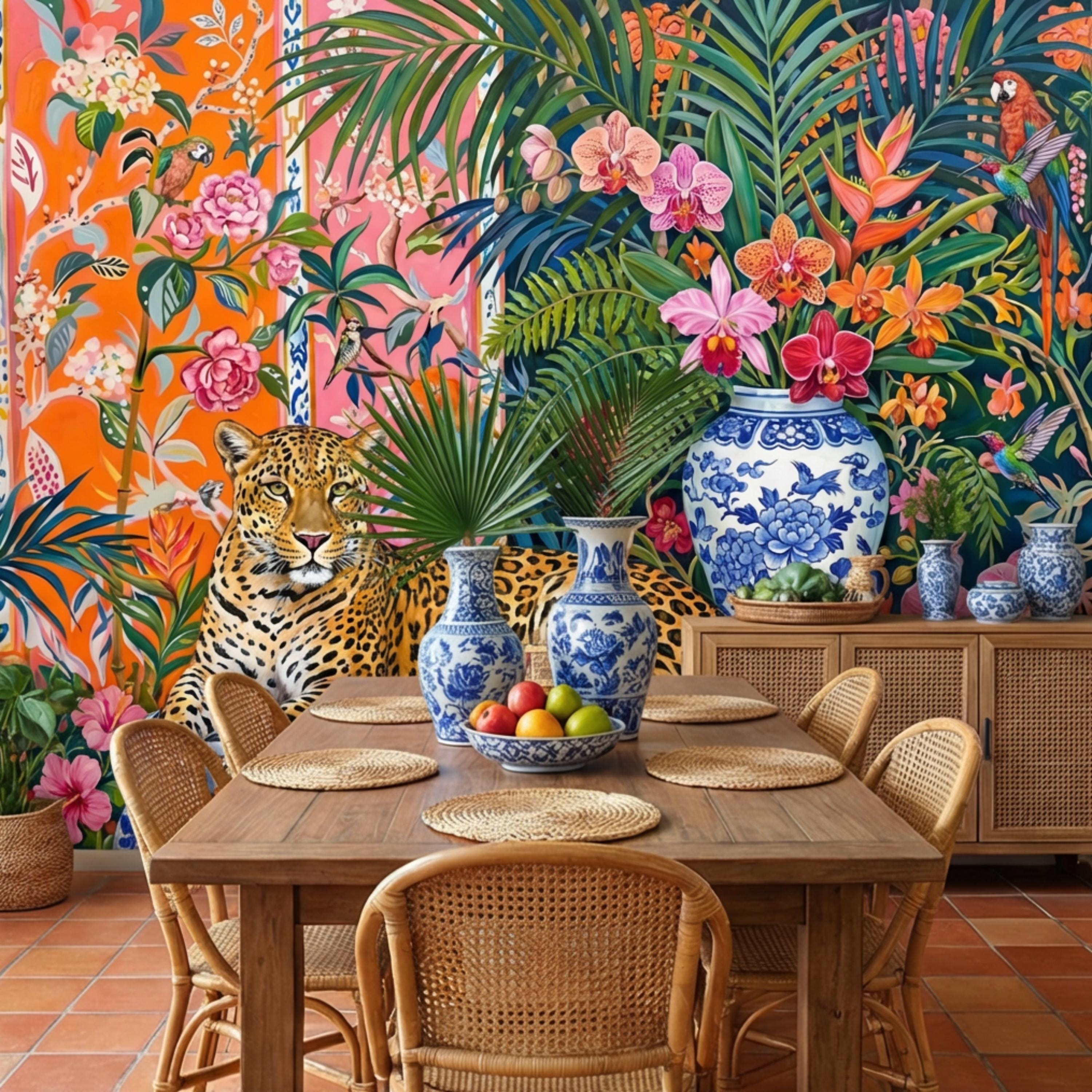 Leopard Chinoiserie Peel and Stick Wall Mural, Tropical Orchids & Palm Leaves Colorful Jungle Wallpaper