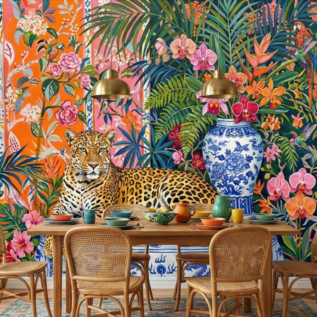 Leopard Chinoiserie Peel and Stick Wall Mural, Tropical Orchids & Palm Leaves Colorful Jungle Wallpaper