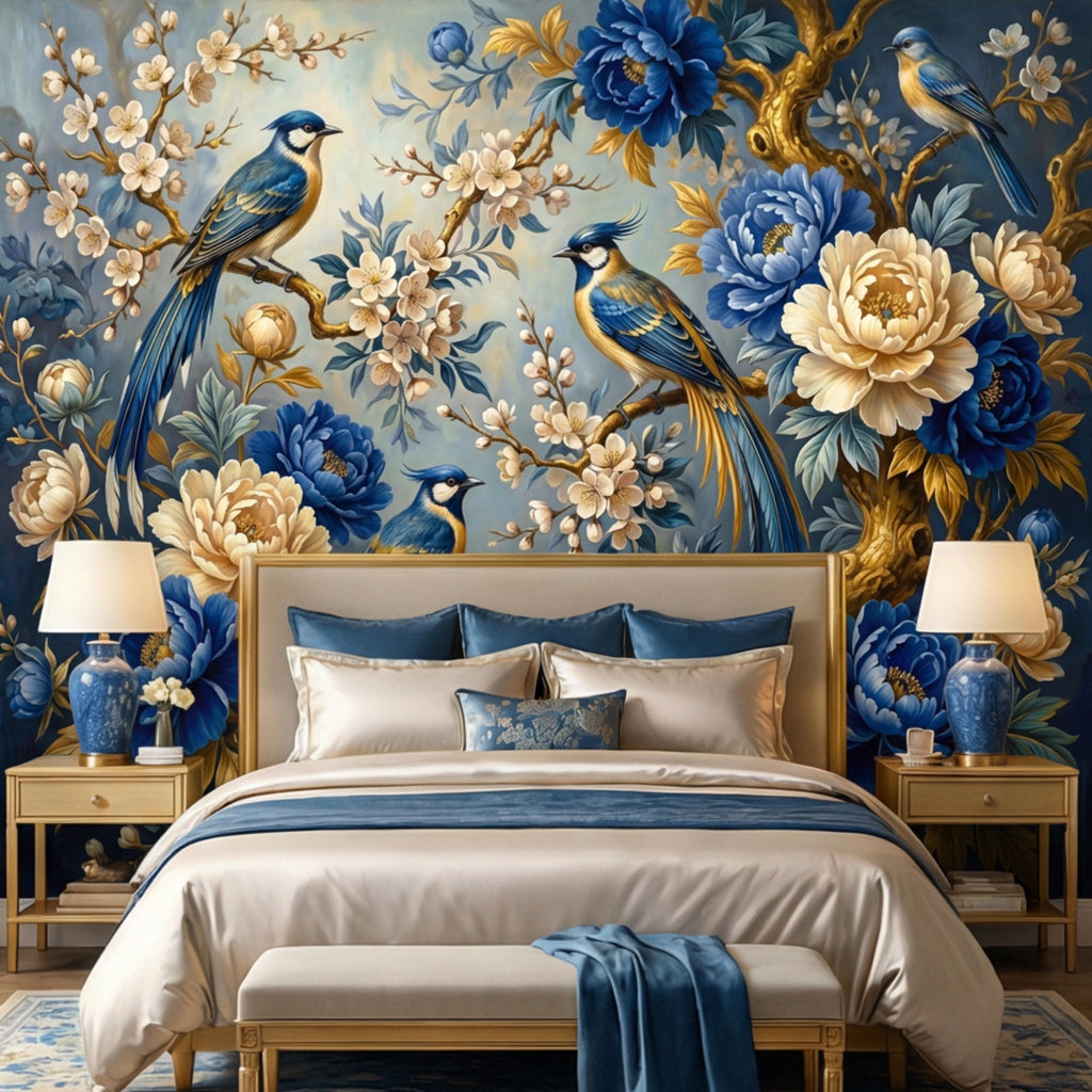 Vintage Blue Chinoiserie Birds & Peonies Peel and Stick Wall Mural, Navy Floral Botanical Branches Elegant Wallpaper