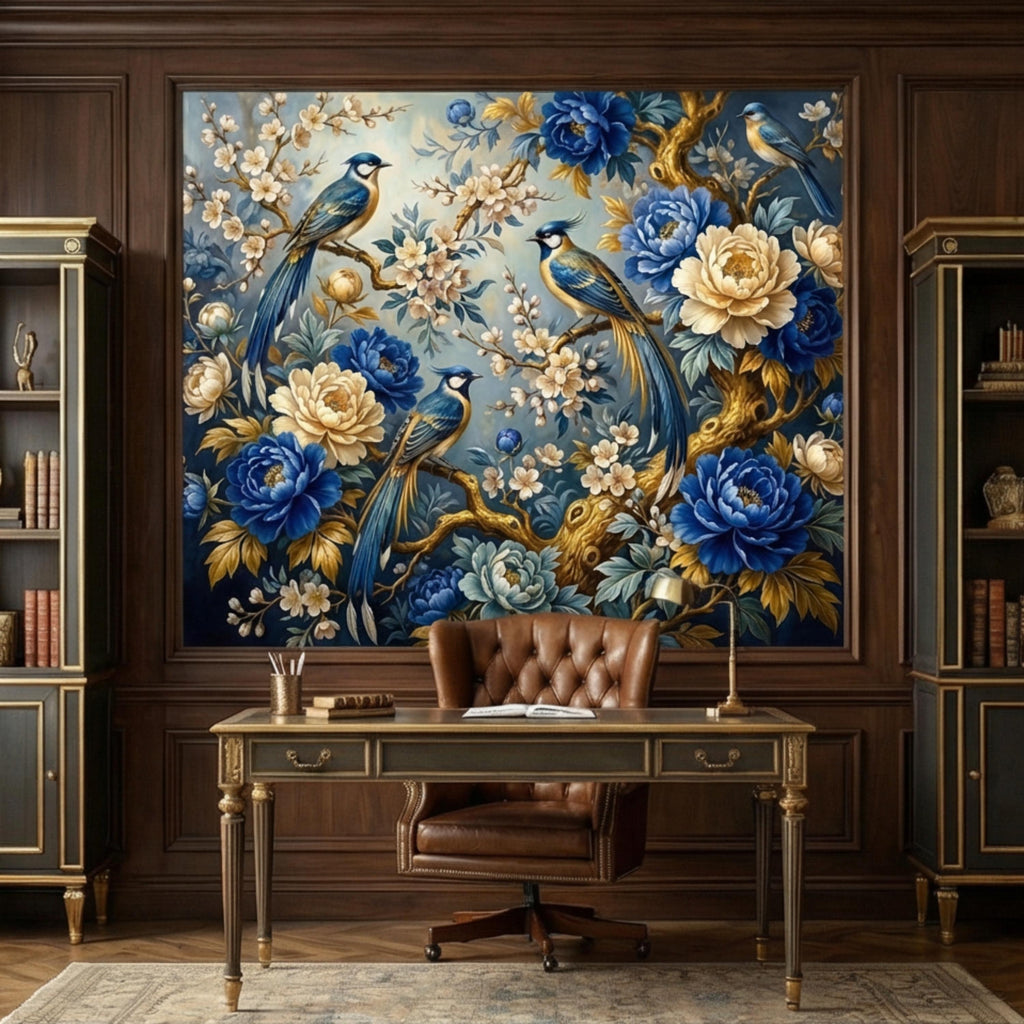 Vintage Blue Chinoiserie Birds & Peonies Peel and Stick Wall Mural, Navy Floral Botanical Branches Elegant Wallpaper