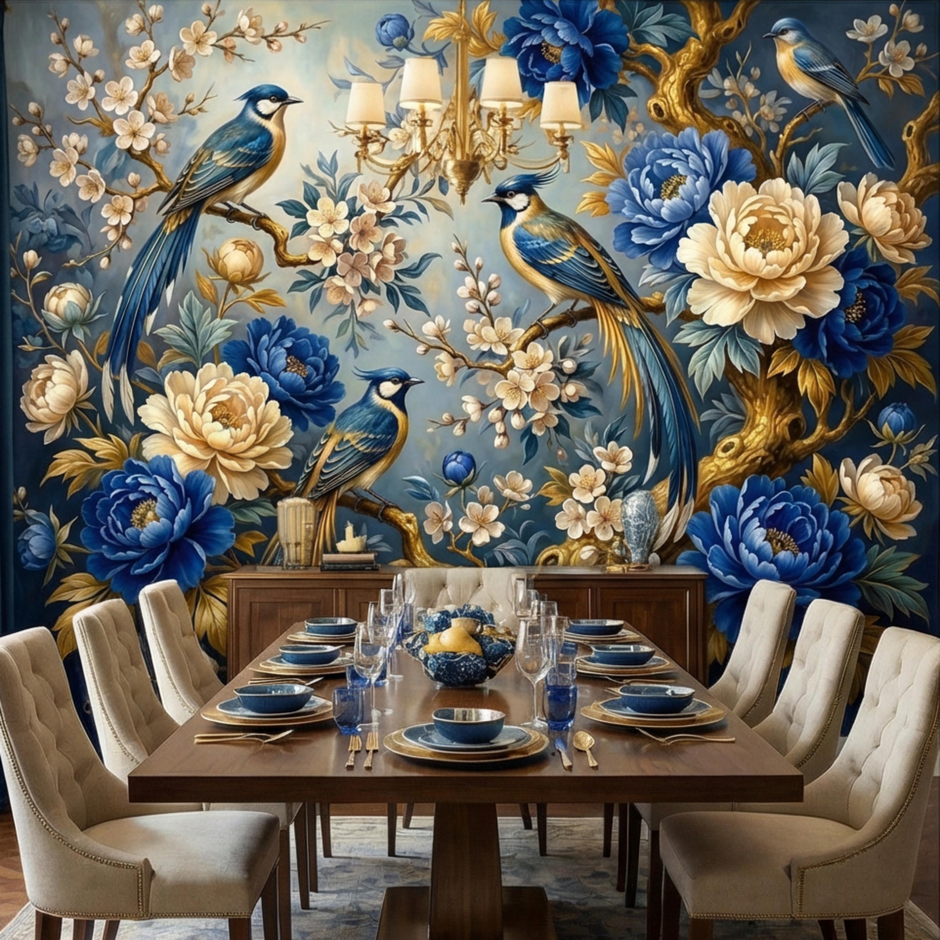 Vintage Blue Chinoiserie Birds & Peonies Peel and Stick Wall Mural, Navy Floral Botanical Branches Elegant Wallpaper