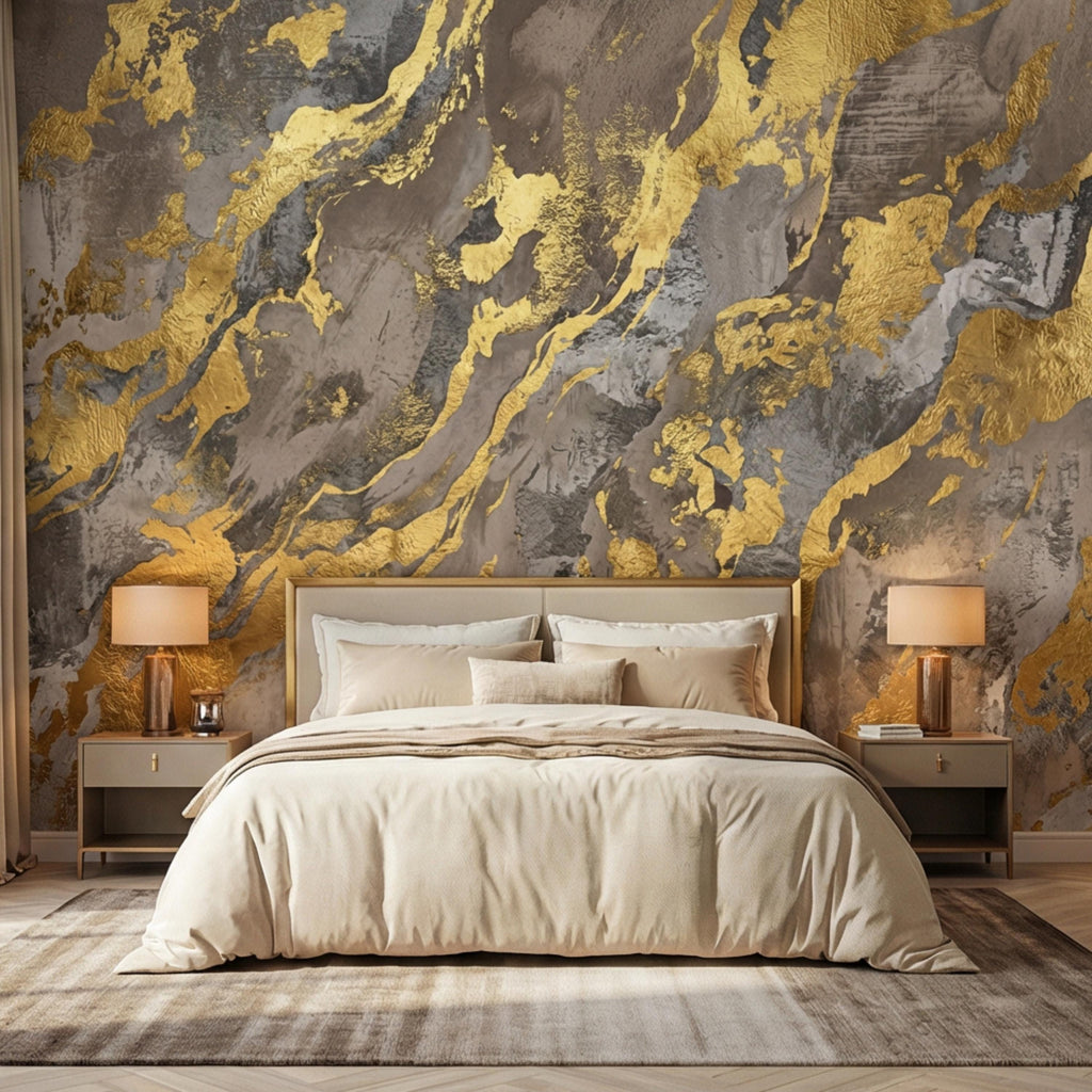 Modern Abstract Beige Gray Textured Plaster with Gold Accents Peel and Stick Wall Mural, Minimal Luxury Neutral Accent Wallpaper