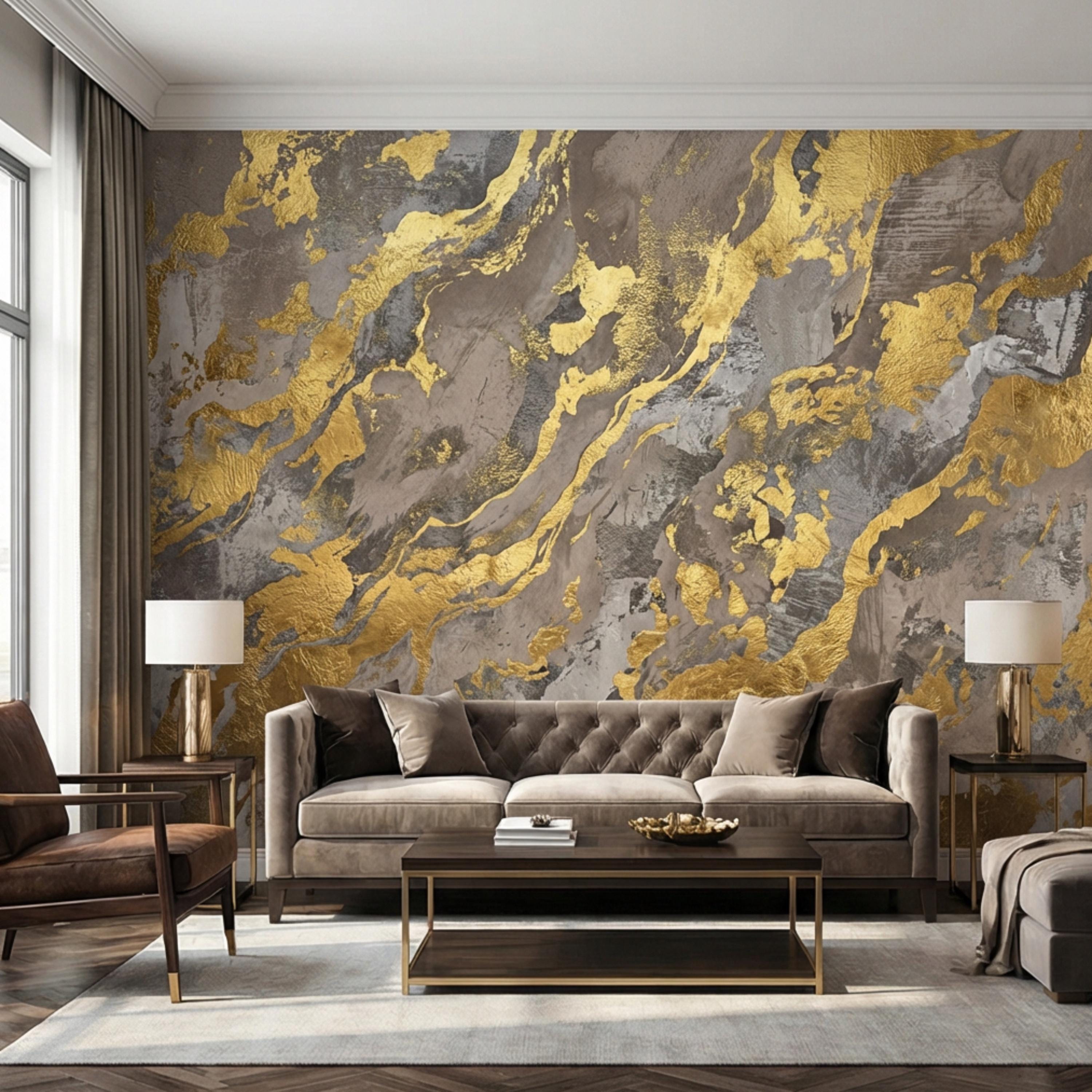 Modern Abstract Beige Gray Textured Plaster with Gold Accents Peel and Stick Wall Mural, Minimal Luxury Neutral Accent Wallpaper