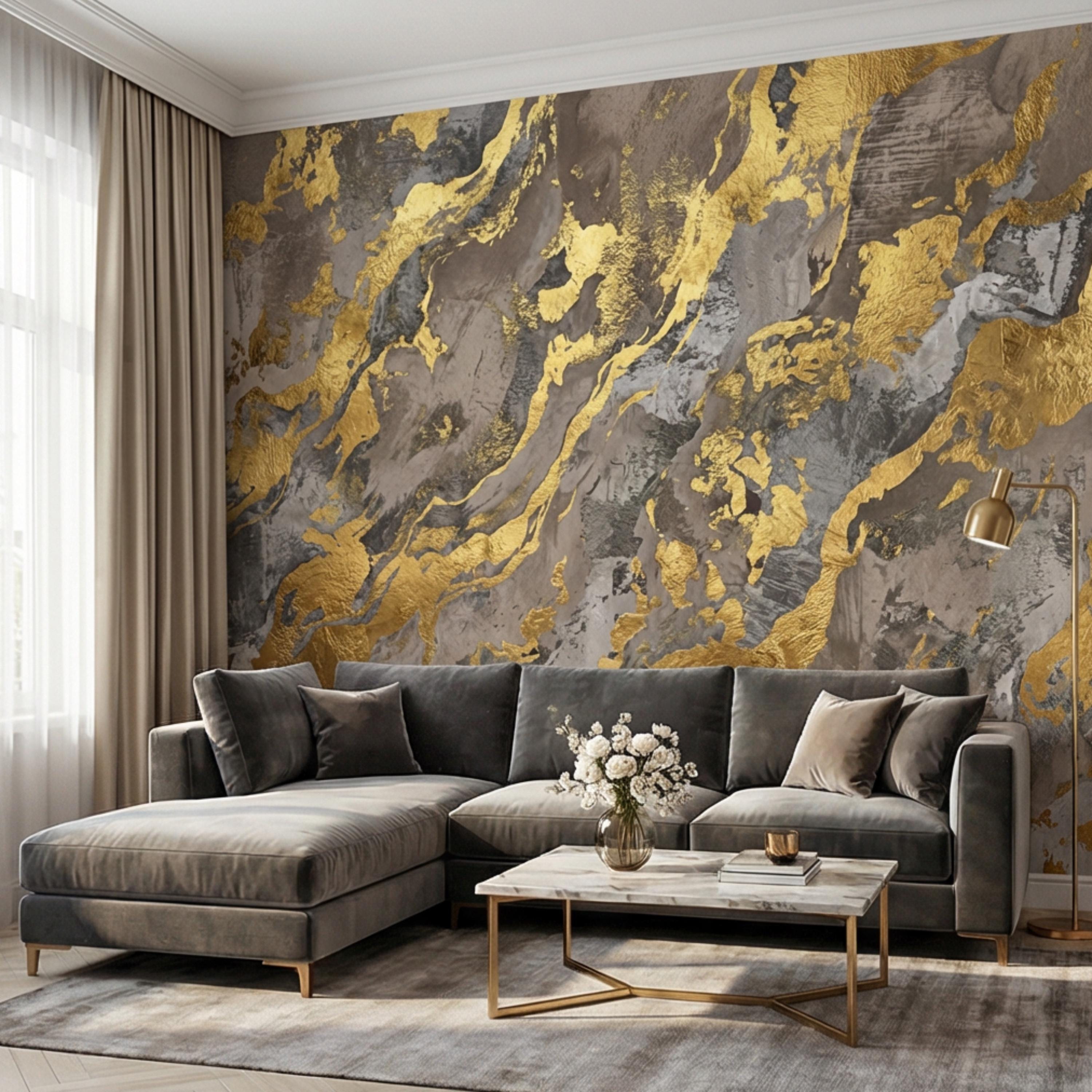Modern Abstract Beige Gray Textured Plaster with Gold Accents Peel and Stick Wall Mural, Minimal Luxury Neutral Accent Wallpaper