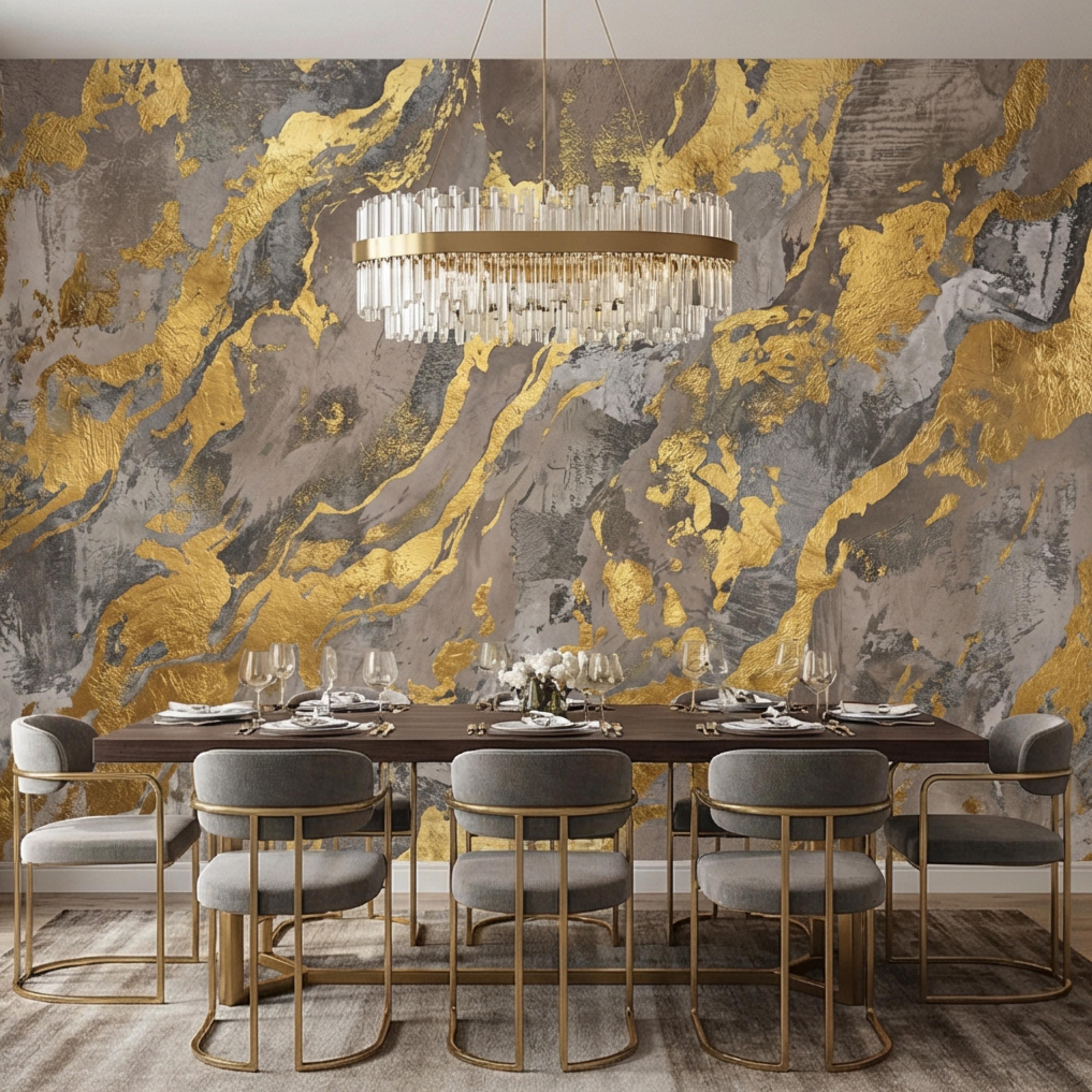 Modern Abstract Beige Gray Textured Plaster with Gold Accents Peel and Stick Wall Mural, Minimal Luxury Neutral Accent Wallpaper