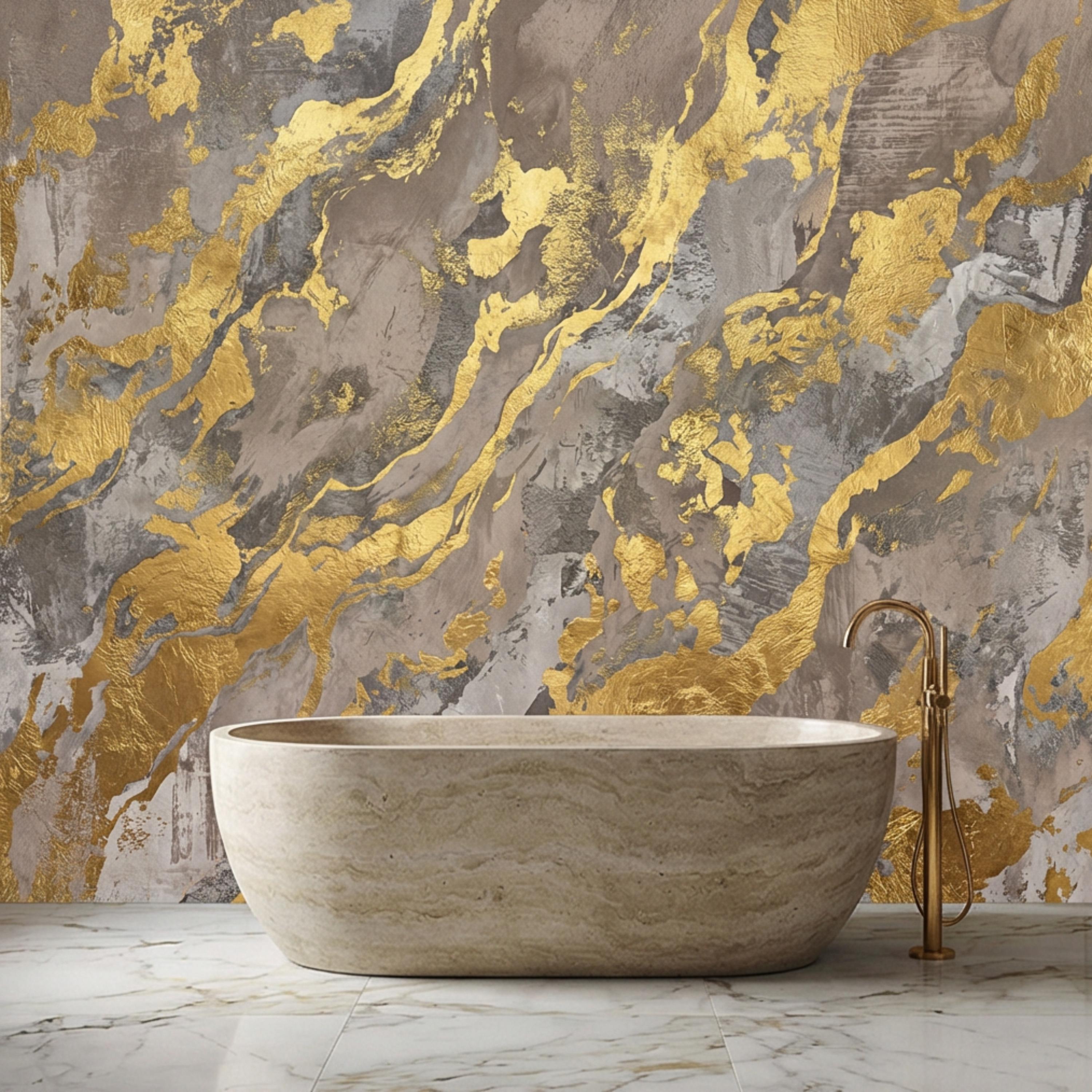 Modern Abstract Beige Gray Textured Plaster with Gold Accents Peel and Stick Wall Mural, Minimal Luxury Neutral Accent Wallpaper