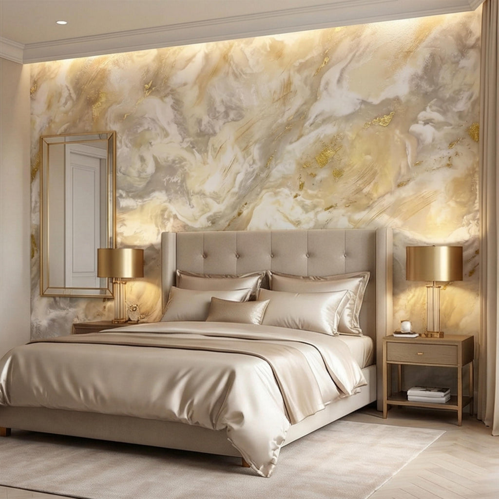 Textured Plaster Neutral Beige Gray with Gold Accents Peel and Stick Wall Mural, Modern Organic Minimal Wabi Sabi Style Wallpaper