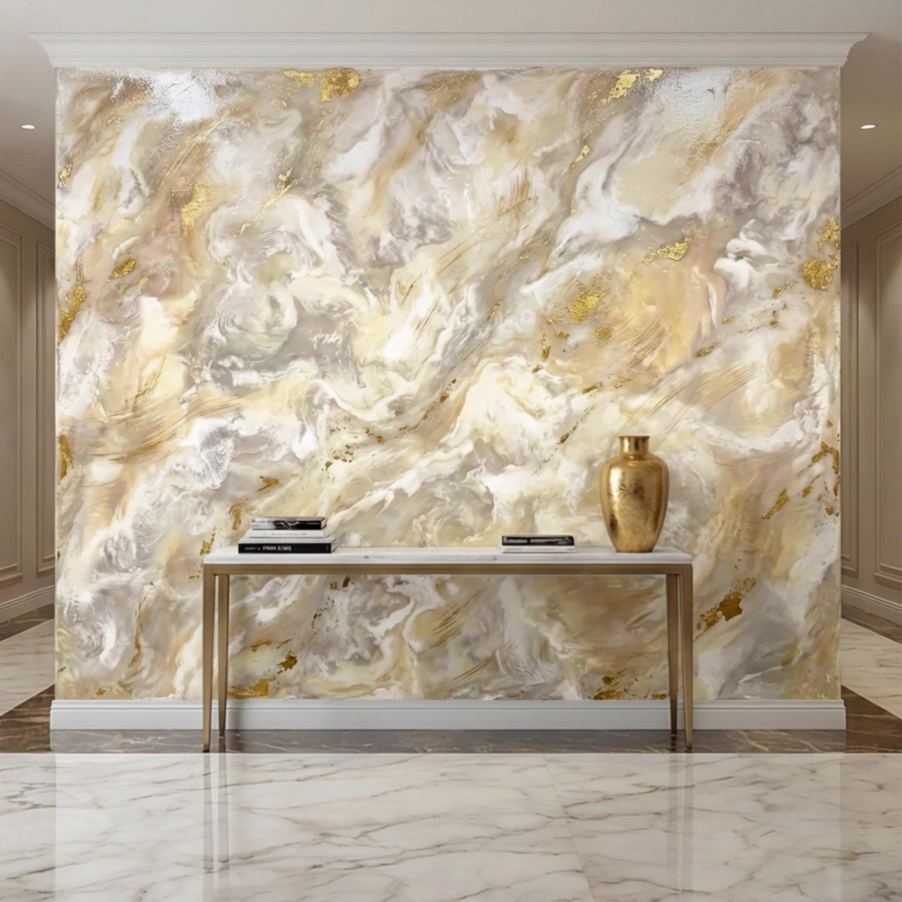 Textured Plaster Neutral Beige Gray with Gold Accents Peel and Stick Wall Mural, Modern Organic Minimal Wabi Sabi Style Wallpaper