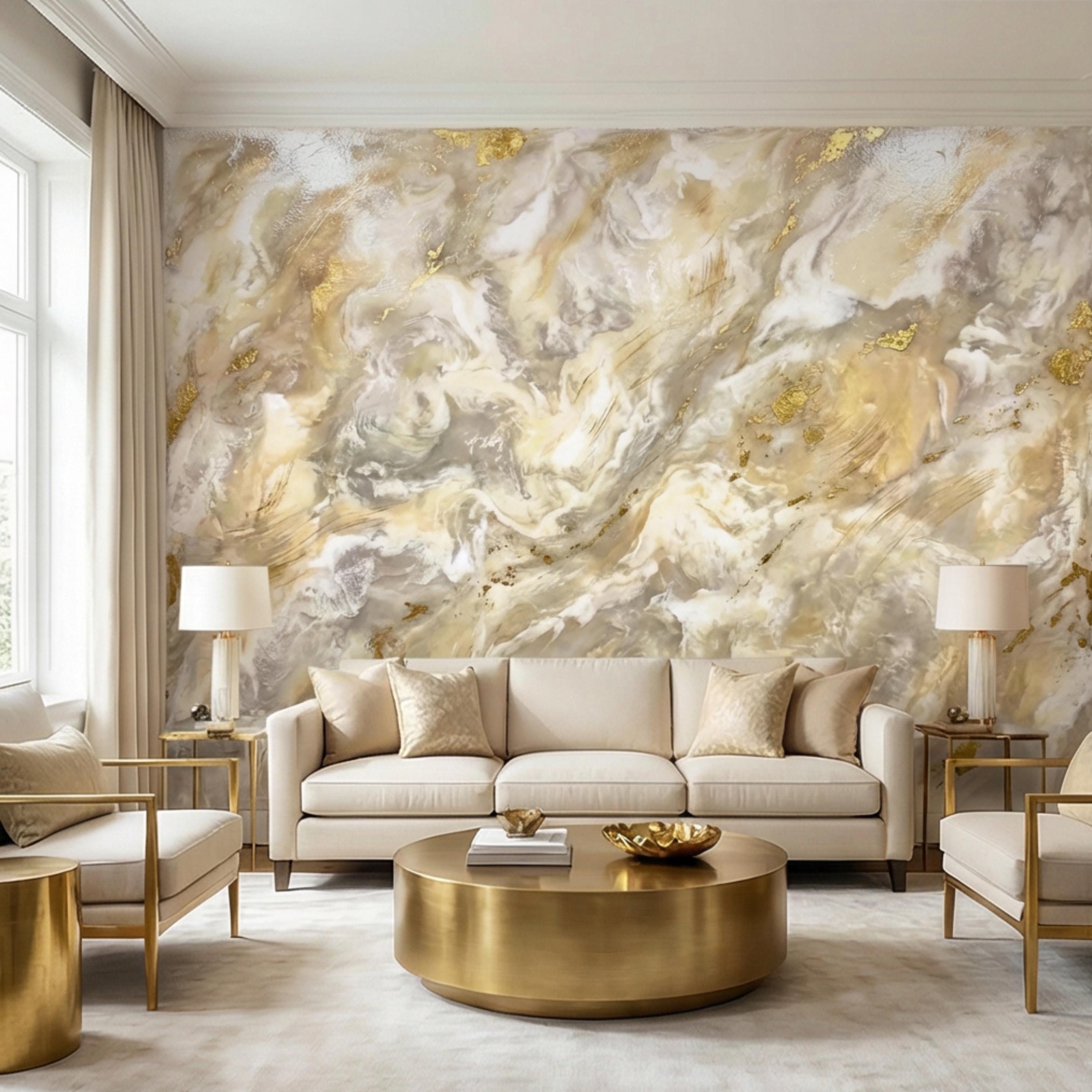 Textured Plaster Neutral Beige Gray with Gold Accents Peel and Stick Wall Mural, Modern Organic Minimal Wabi Sabi Style Wallpaper