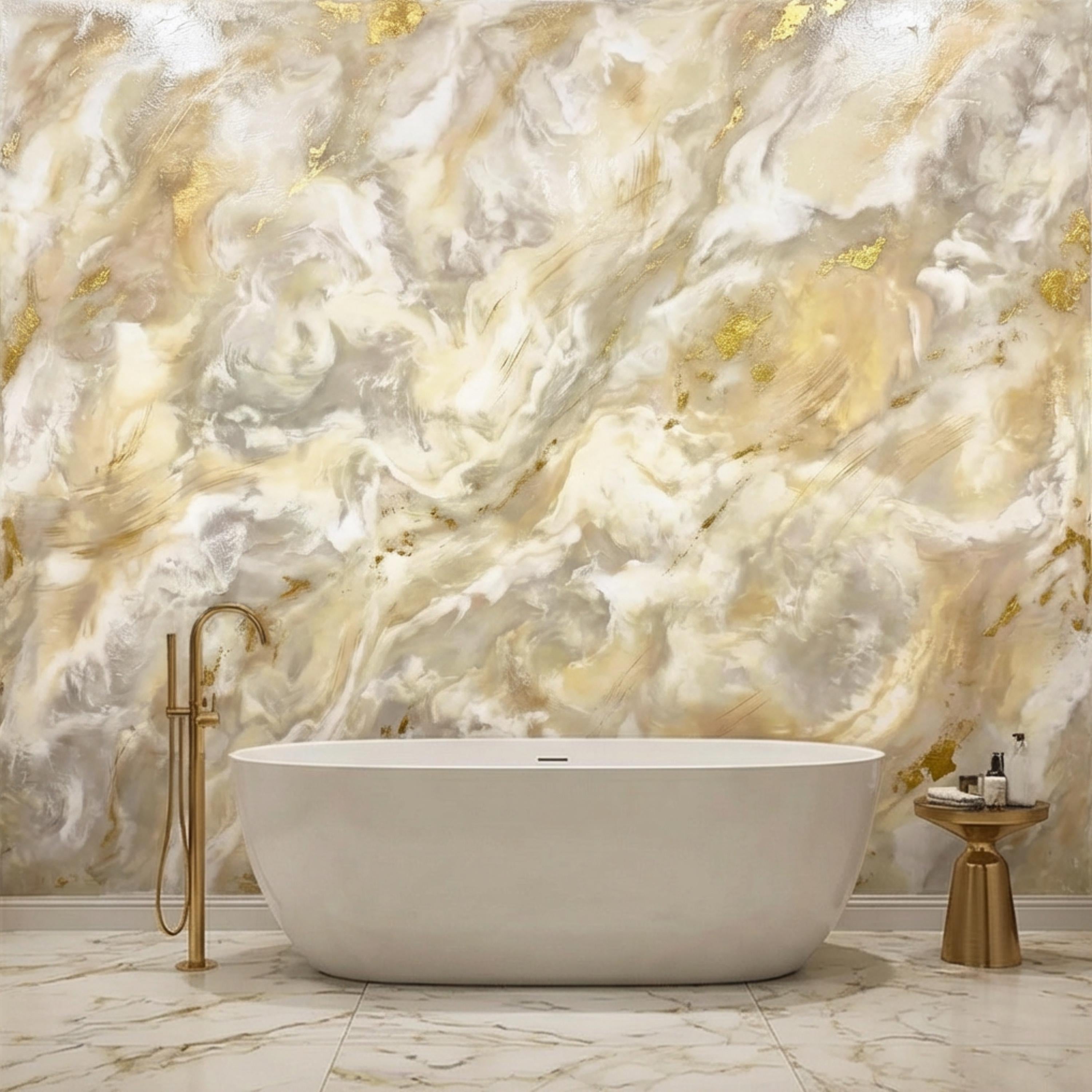 Textured Plaster Neutral Beige Gray with Gold Accents Peel and Stick Wall Mural, Modern Organic Minimal Wabi Sabi Style Wallpaper