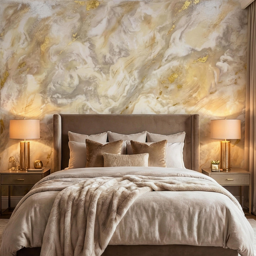 Textured Plaster Neutral Beige Gray with Gold Accents Peel and Stick Wall Mural, Modern Organic Minimal Wabi Sabi Style Wallpaper