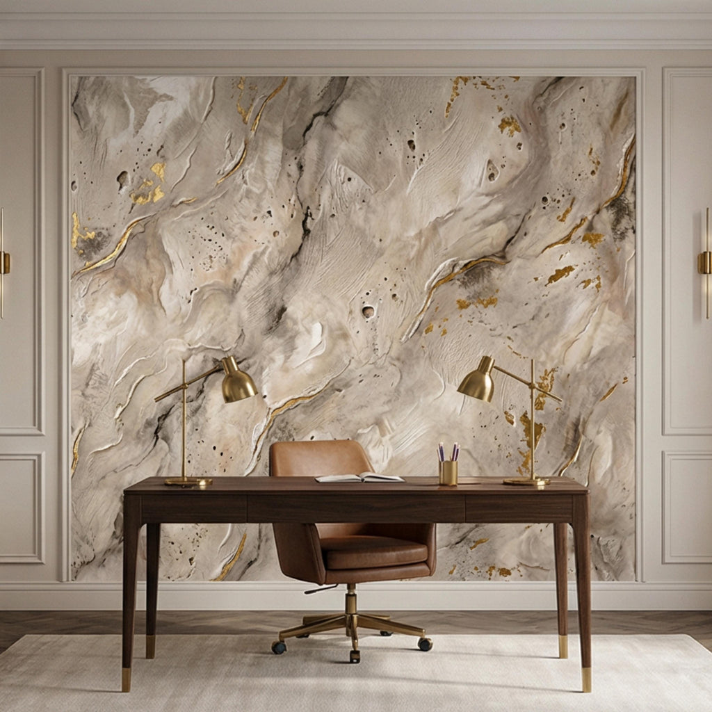 Modern Organic Neutral Beige Plaster Texture with Gold Accents Peel and Stick Wall Mural, Wabi Sabi Abstract Minimal Wallpaper